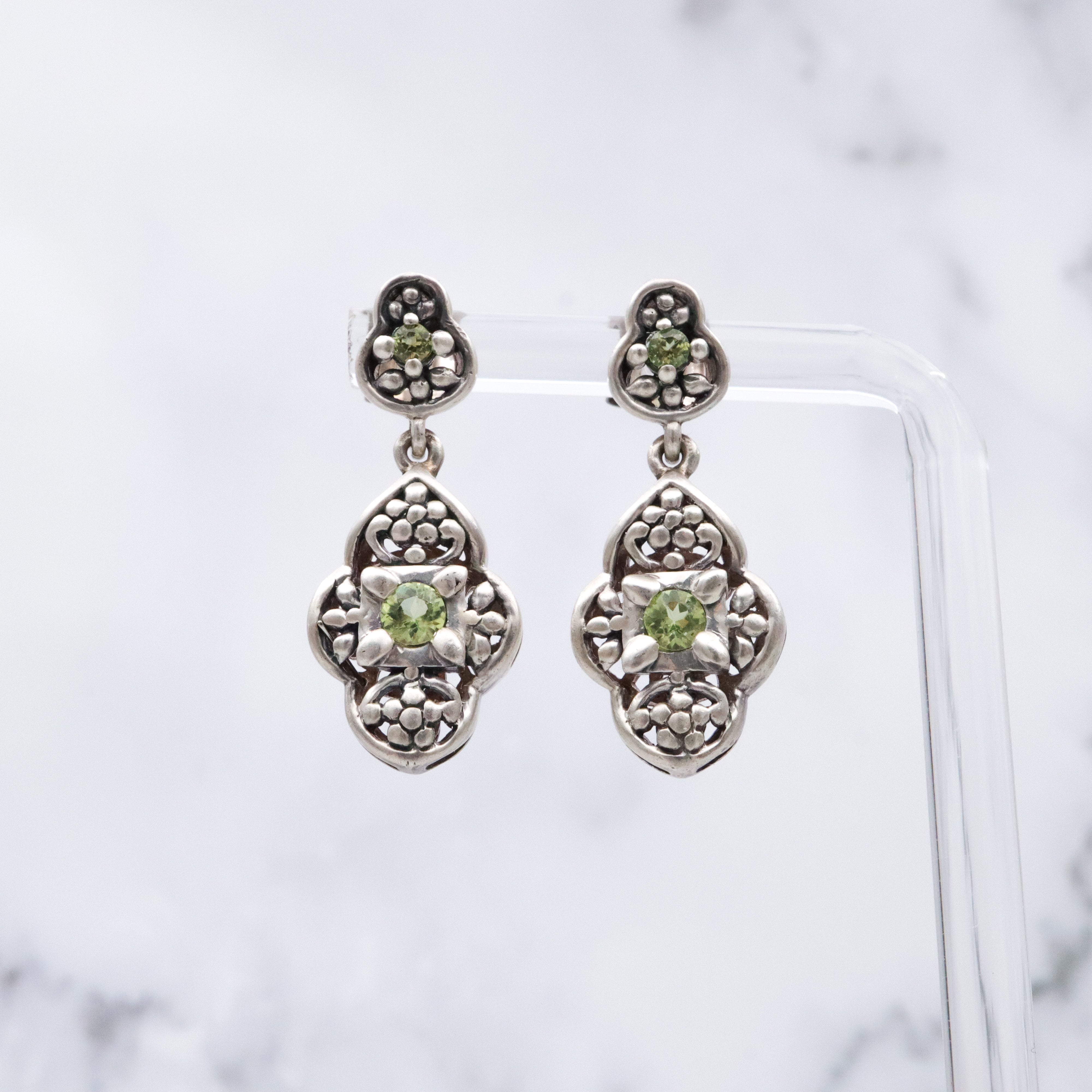 Vintage Balinese style sterling peridot cutout drop earrings