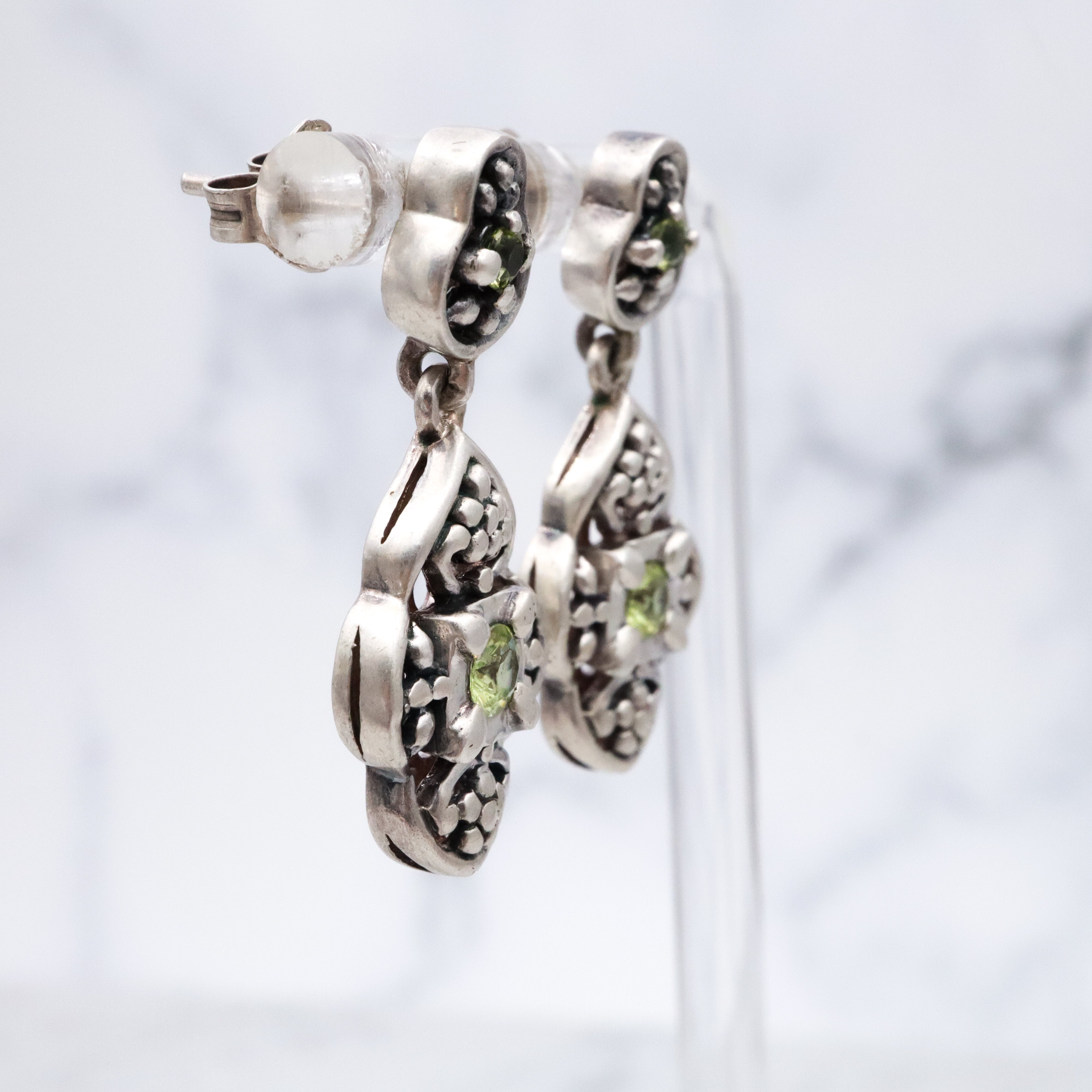 Vintage Balinese style sterling peridot cutout drop earrings