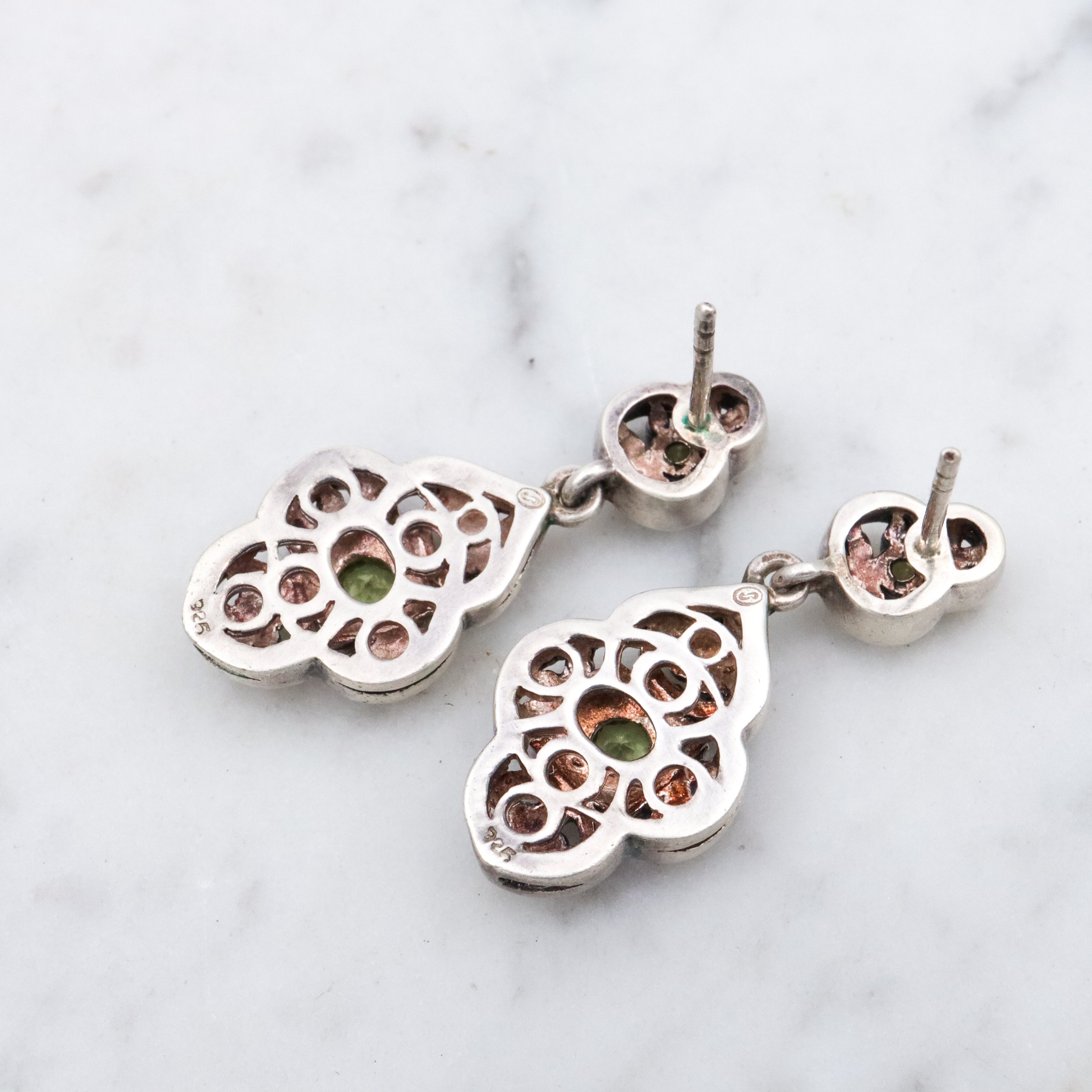 Vintage Balinese style sterling peridot cutout drop earrings