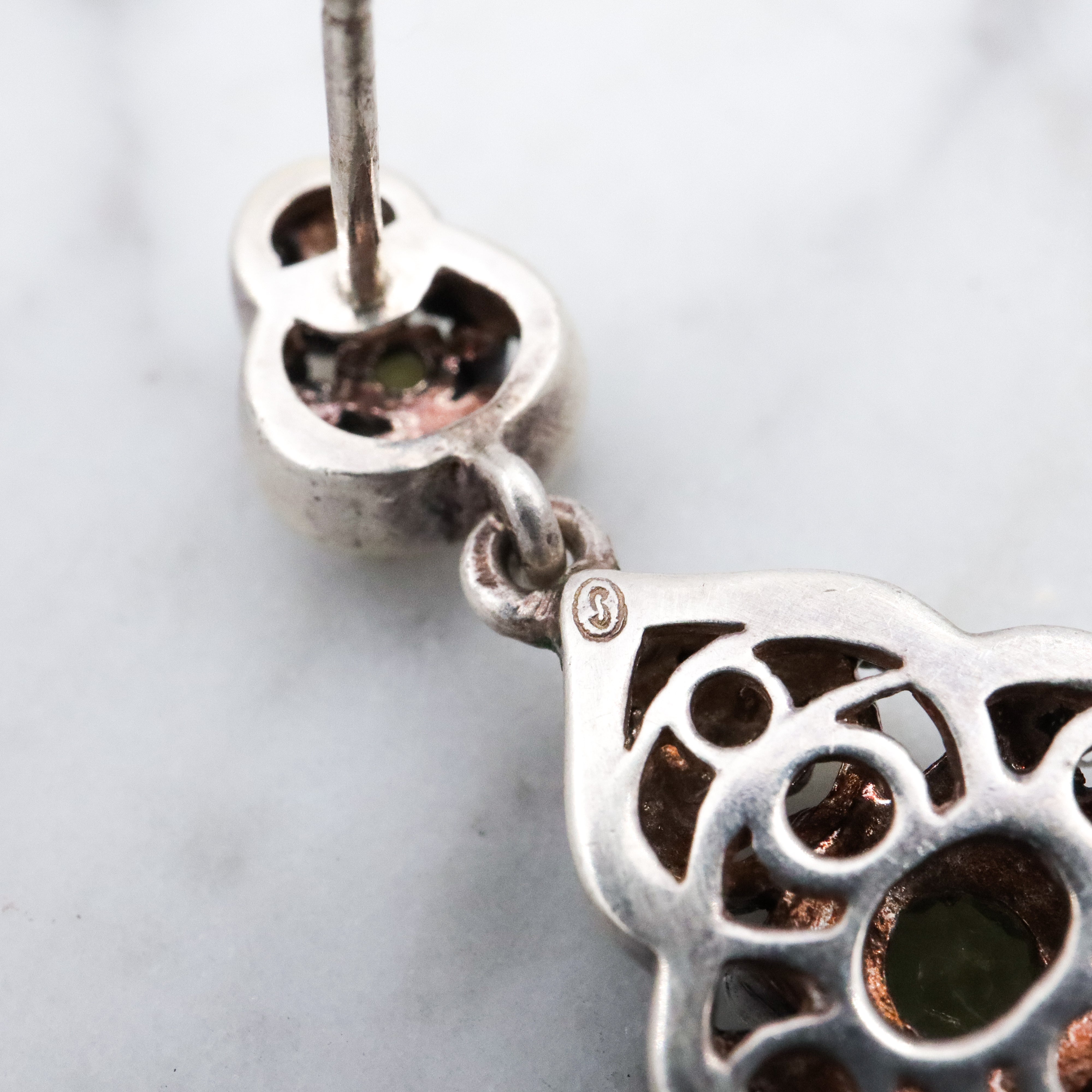 Vintage Balinese style sterling peridot cutout drop earrings