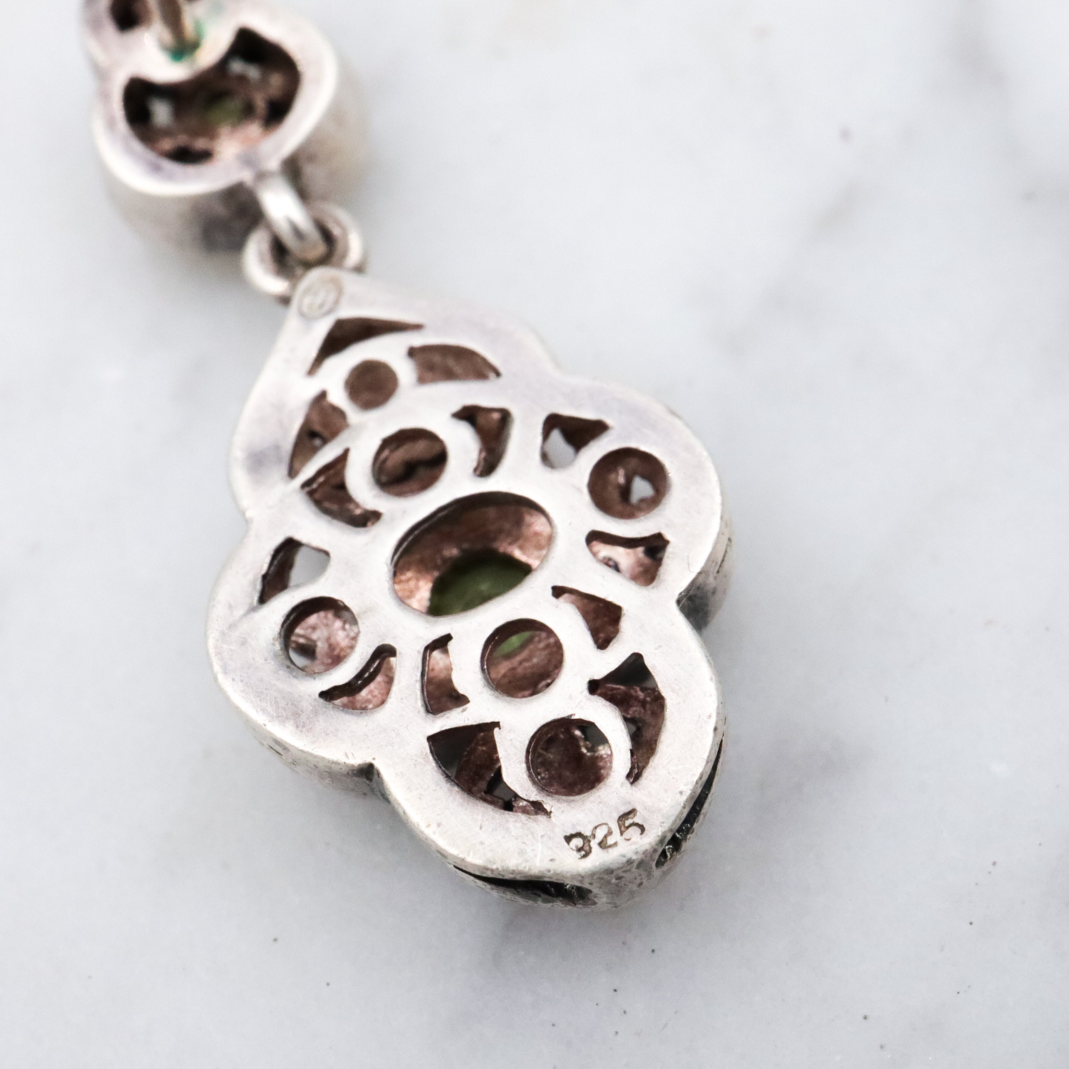 Vintage Balinese style sterling peridot cutout drop earrings