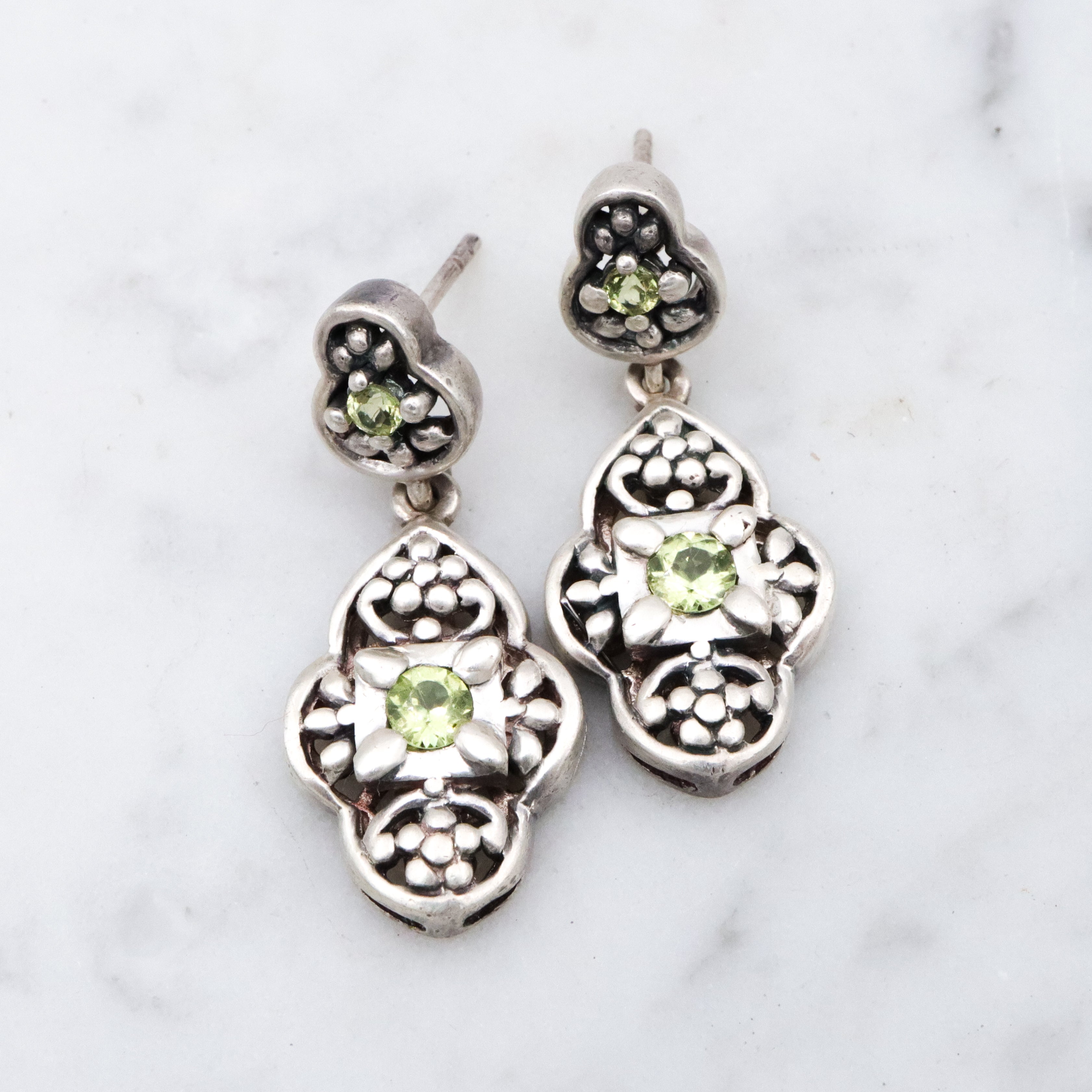Vintage Balinese style sterling peridot cutout drop earrings