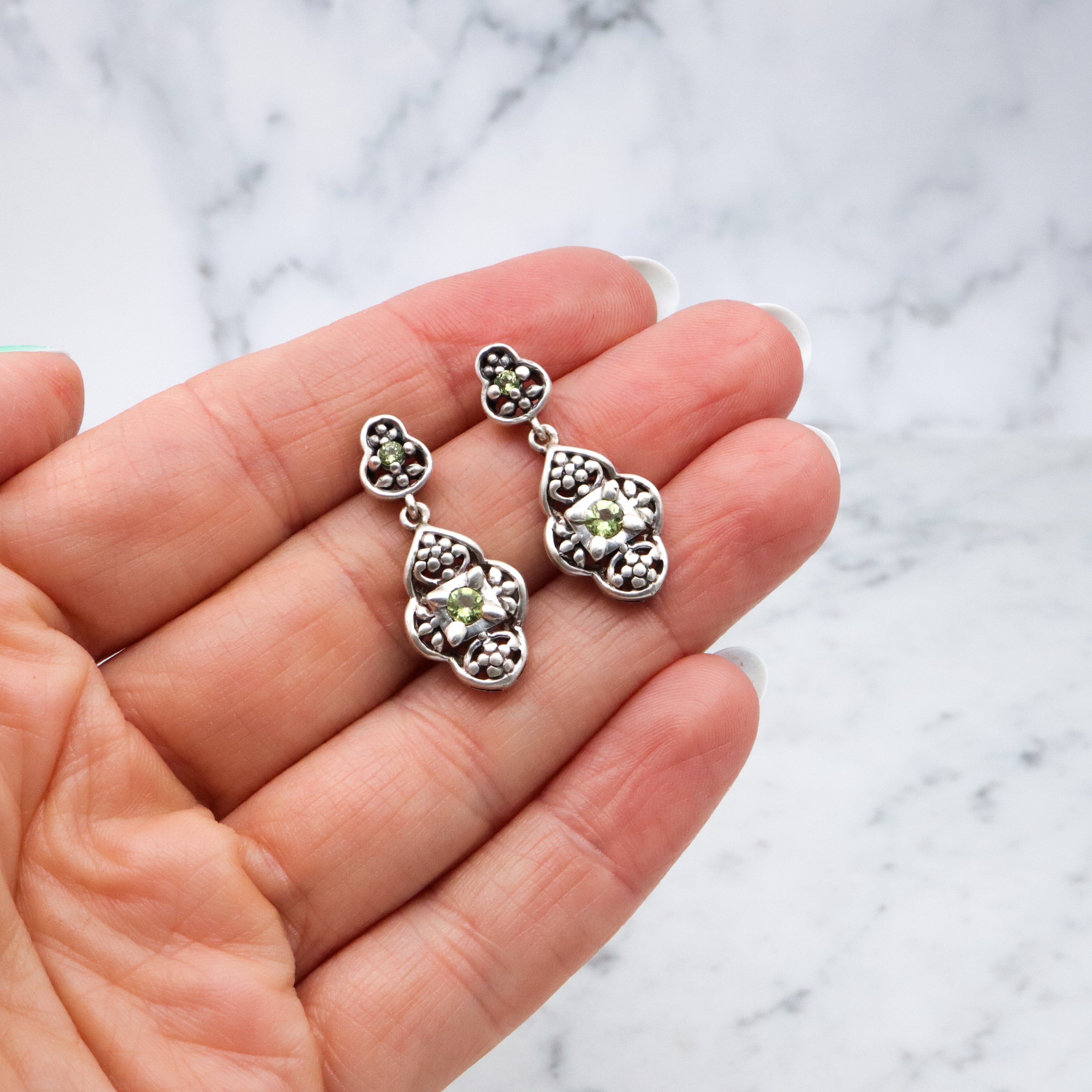 Vintage Balinese style sterling peridot cutout drop earrings
