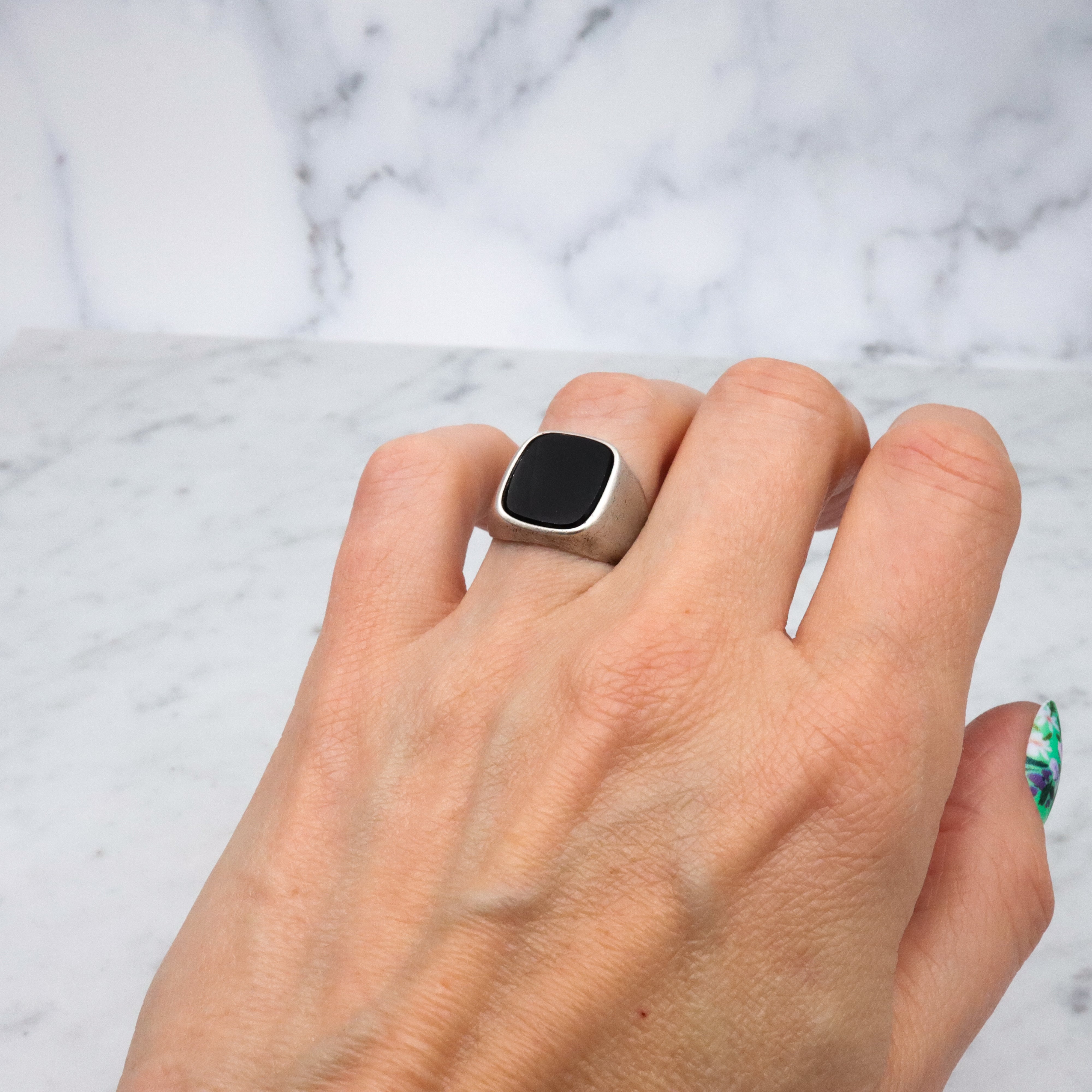 Art Deco Clark & Coombs onyx signet sterling ring, size 6