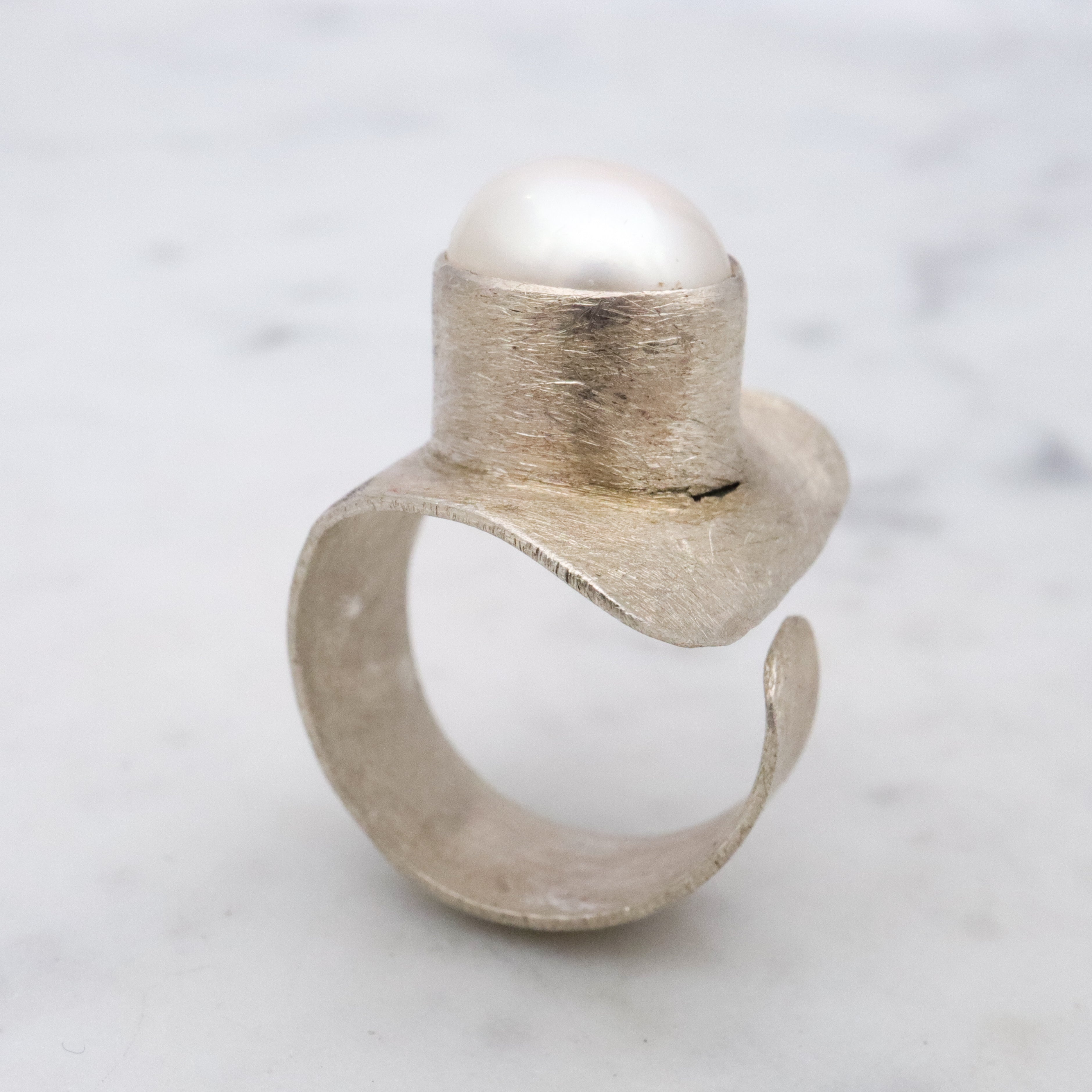 Retro Balaam mabe pearl brushed finish sterling wrap ring, size 7