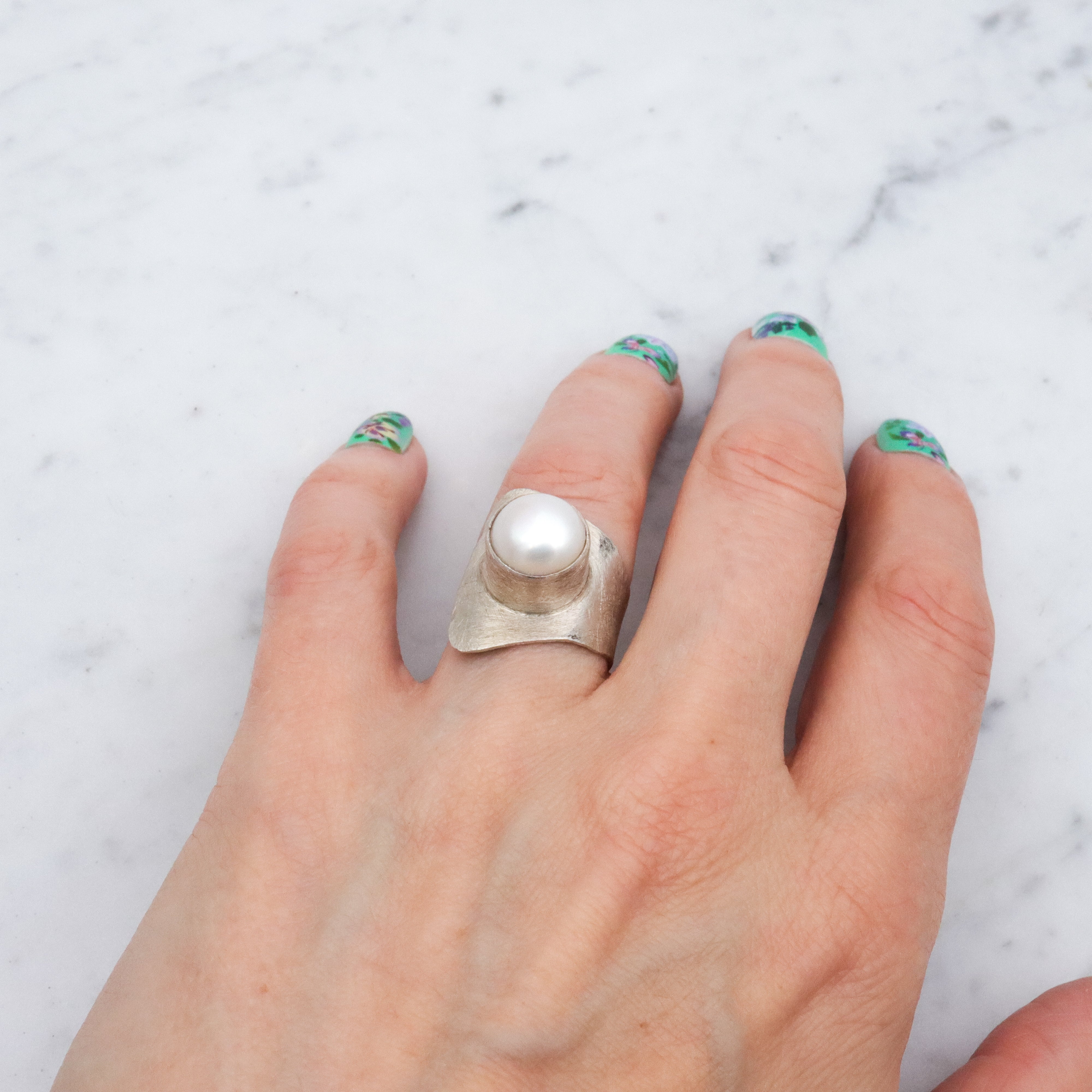 Retro Balaam mabe pearl brushed finish sterling wrap ring, size 7
