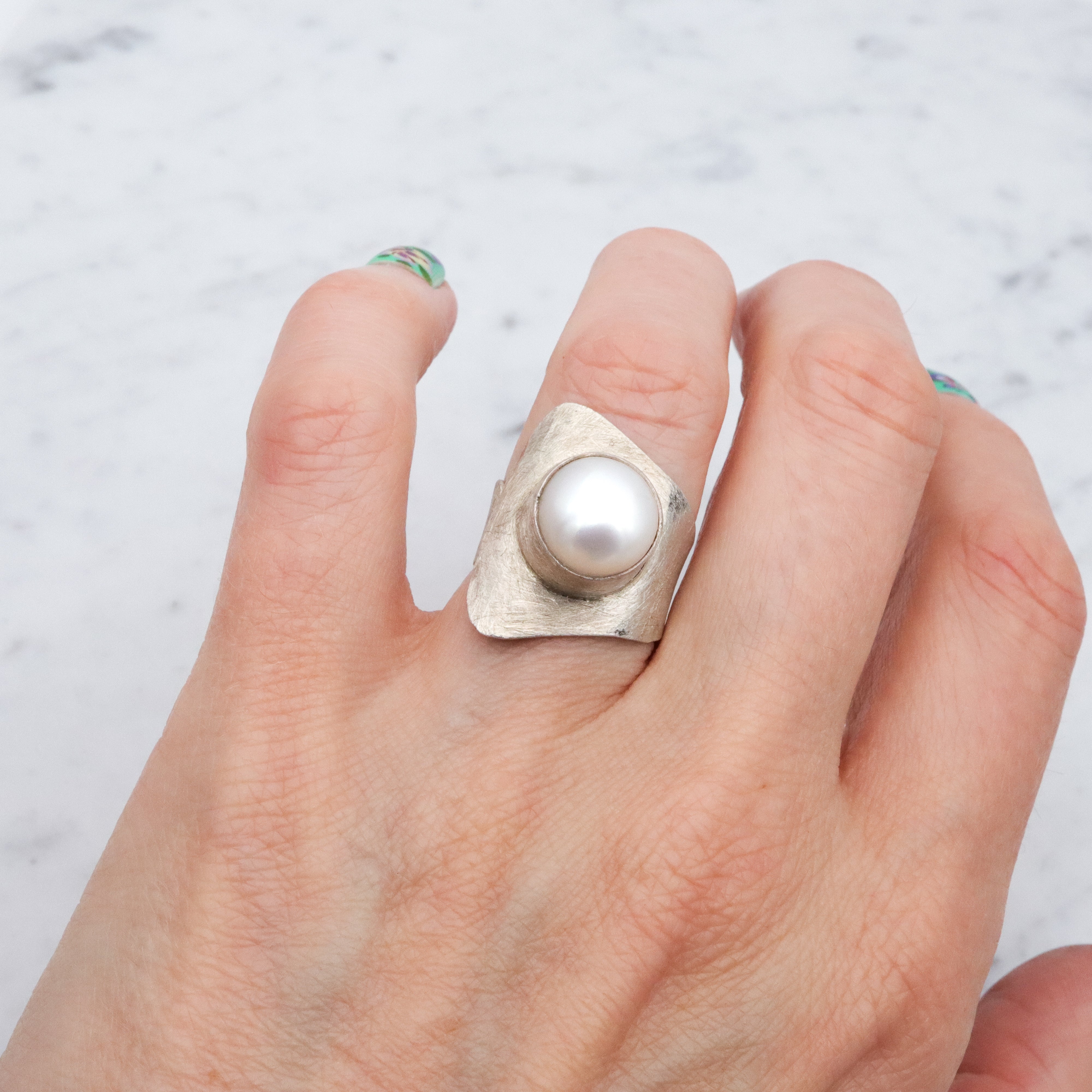 Retro Balaam mabe pearl brushed finish sterling wrap ring, size 7