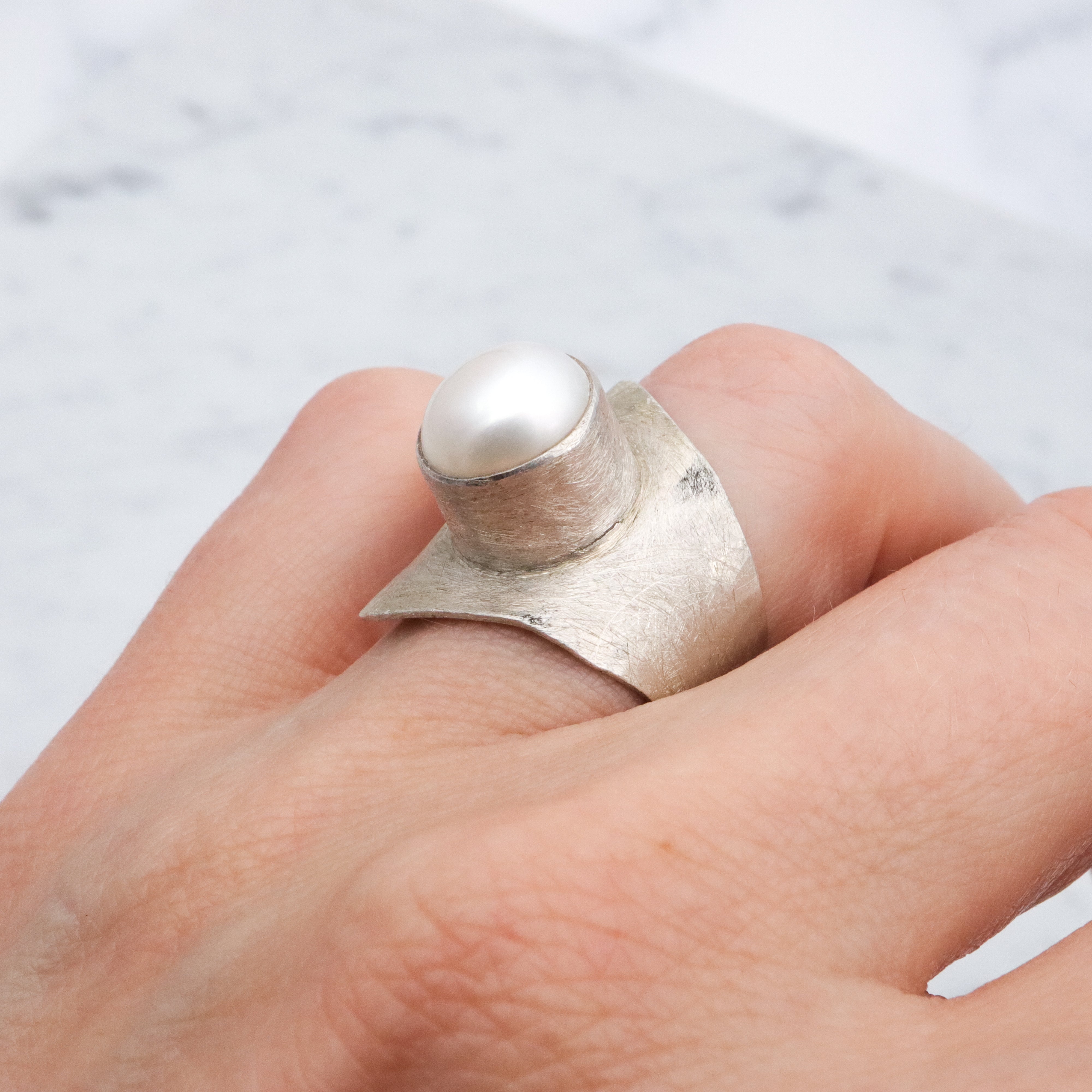 Retro Balaam mabe pearl brushed finish sterling wrap ring, size 7