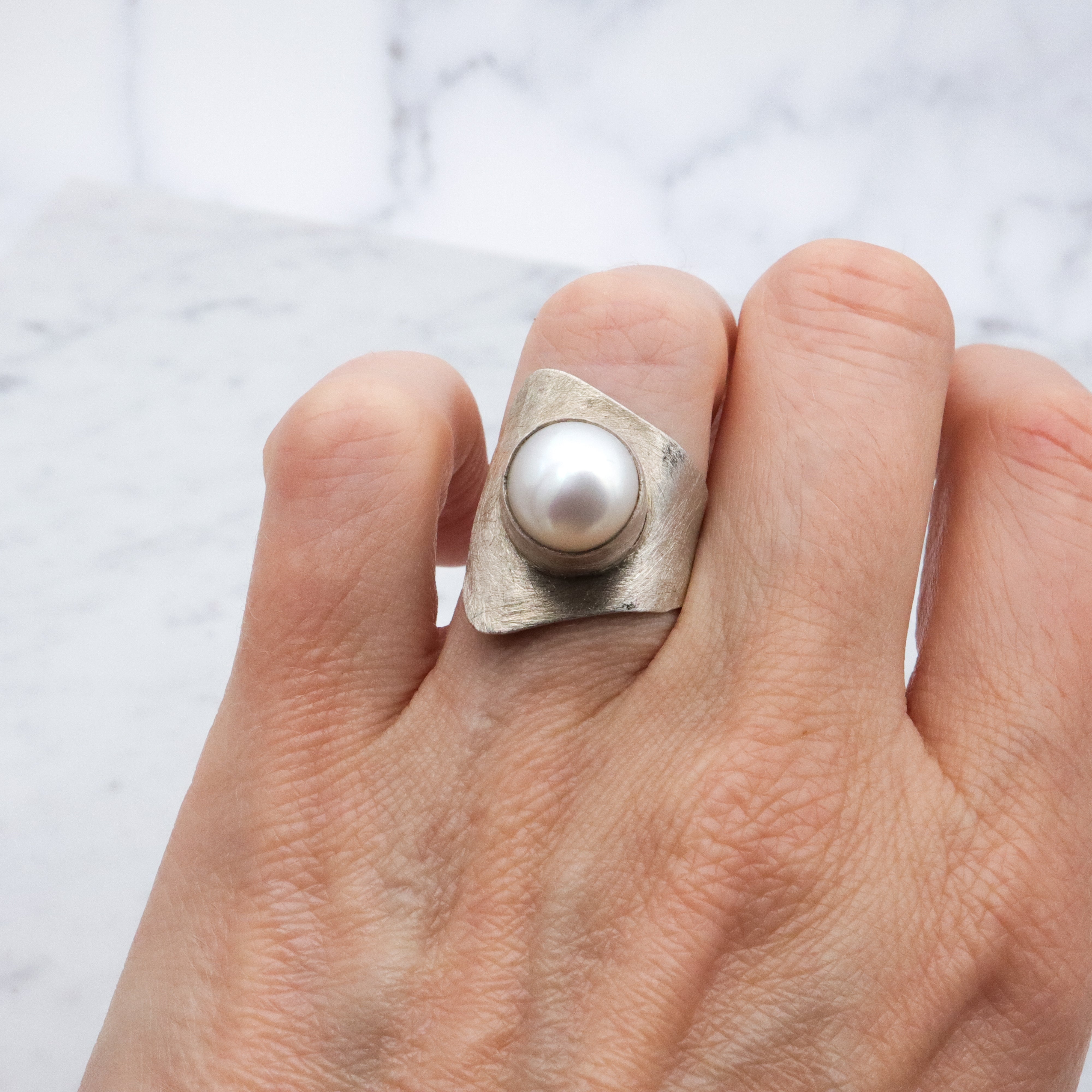 Retro Balaam mabe pearl brushed finish sterling wrap ring, size 7