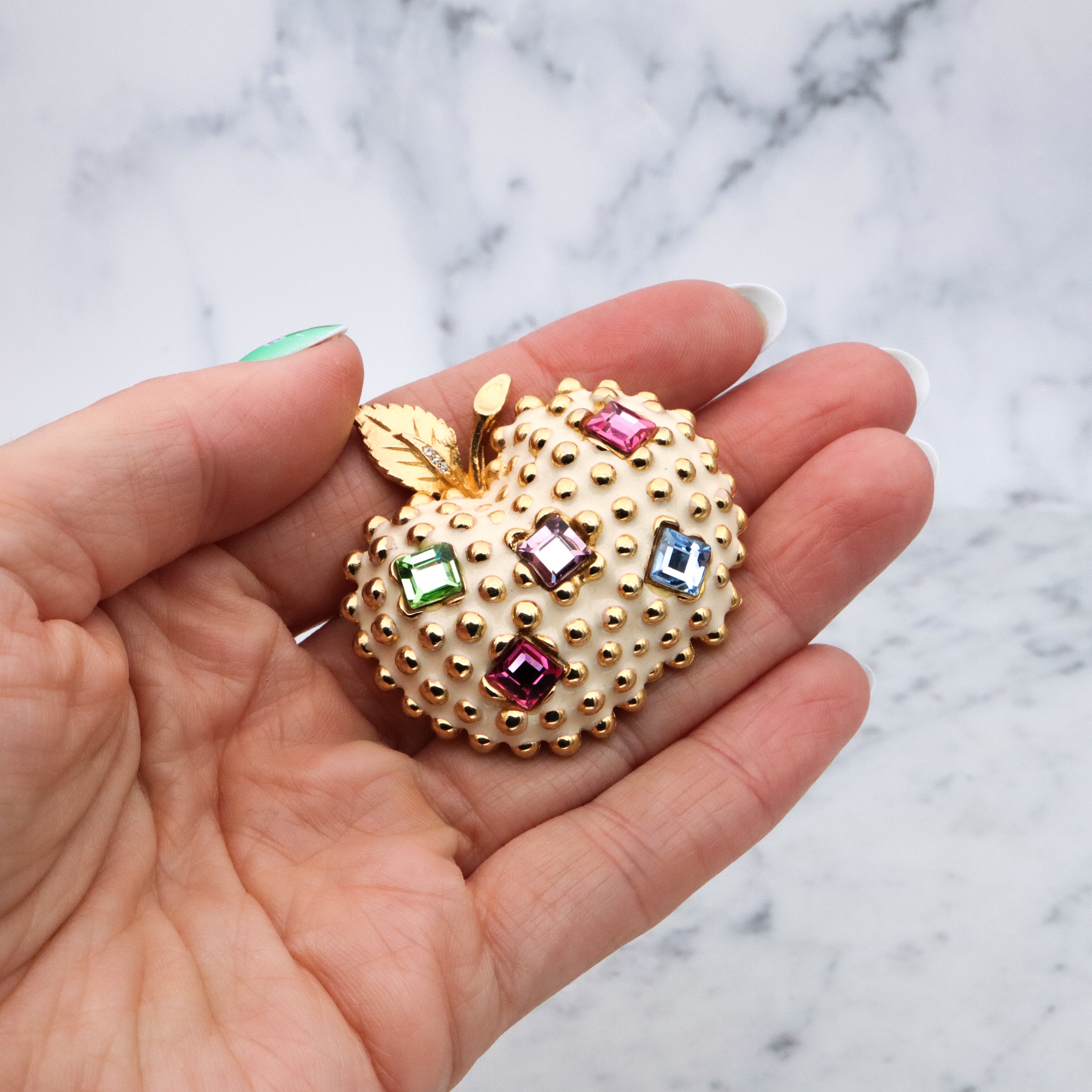 Mid Century Gem-Craft ivory enamel jeweled apple brooch
