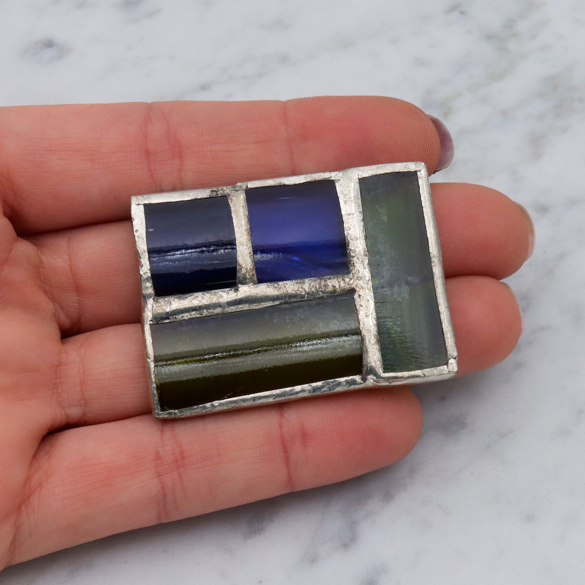 Retro handmade soldered stained glass windowpane brooch