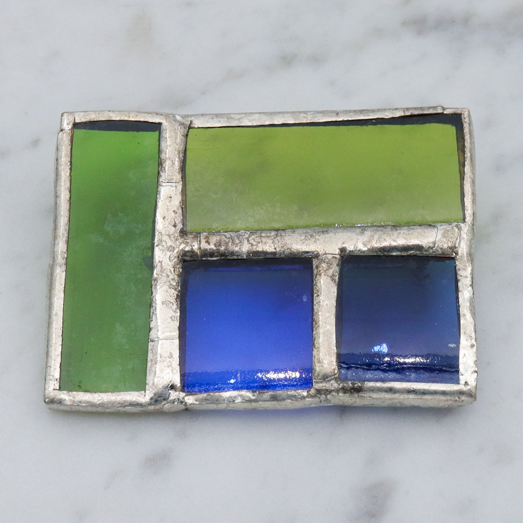 Retro handmade soldered stained glass windowpane brooch