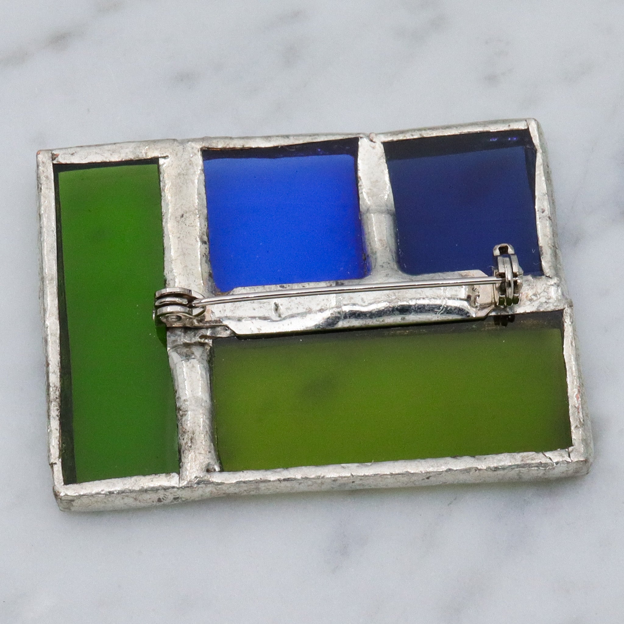 Retro handmade soldered stained glass windowpane brooch