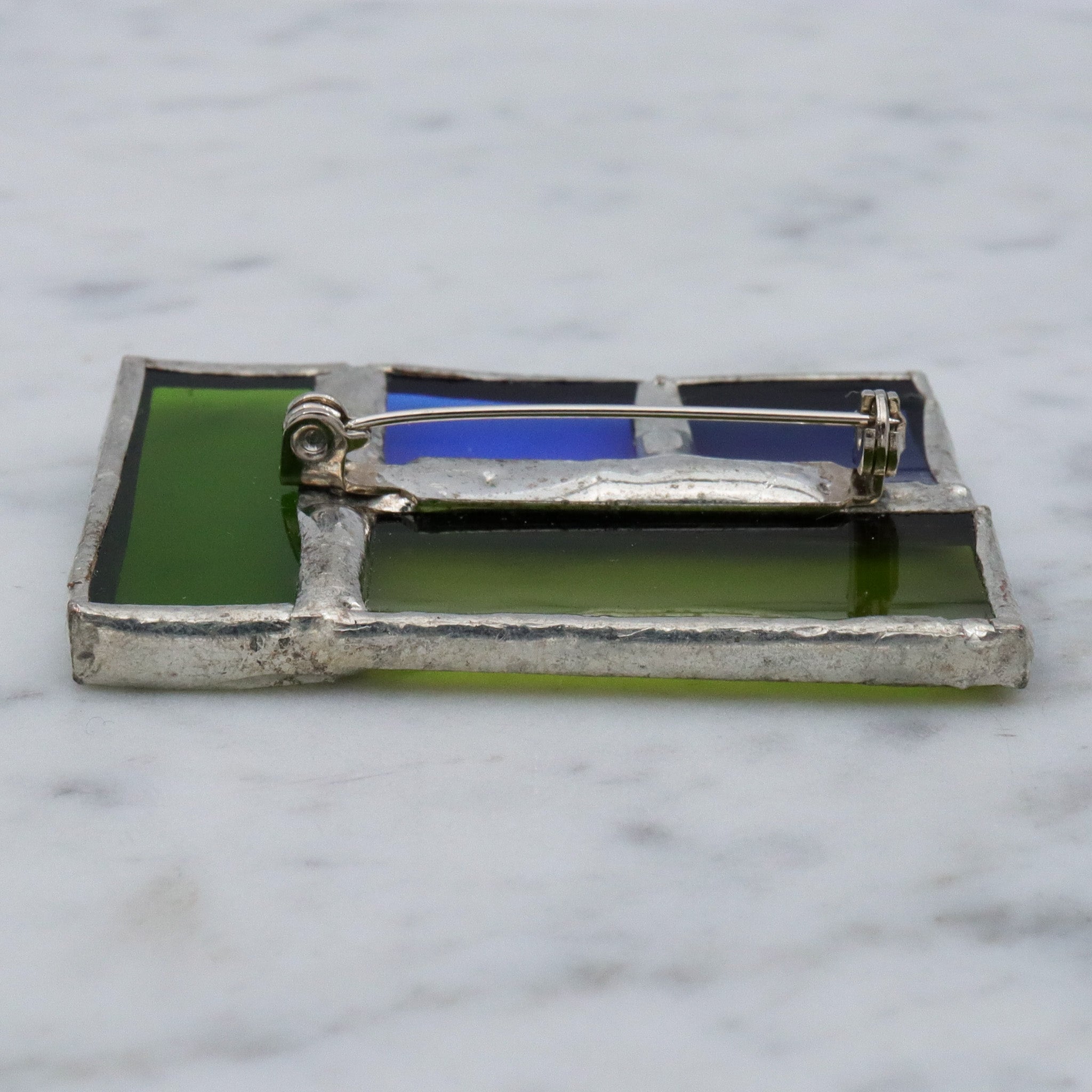 Retro handmade soldered stained glass windowpane brooch