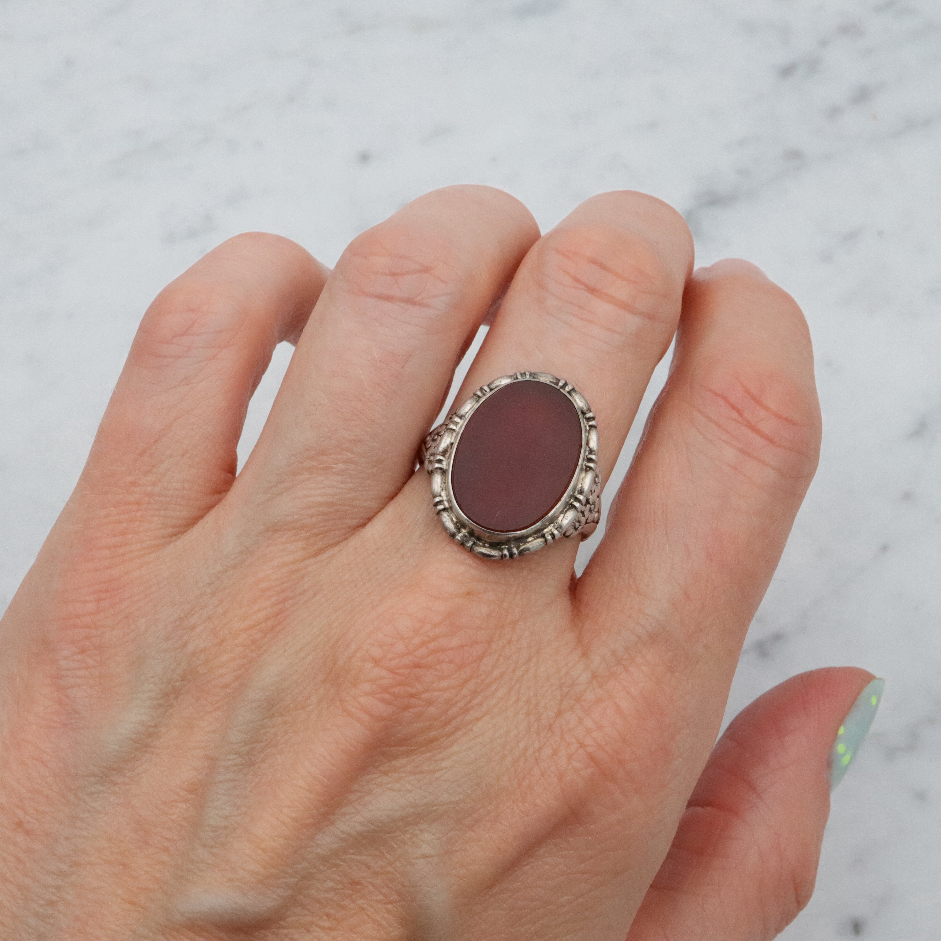 German Art Deco 830 silver carnelian ring, sz 8