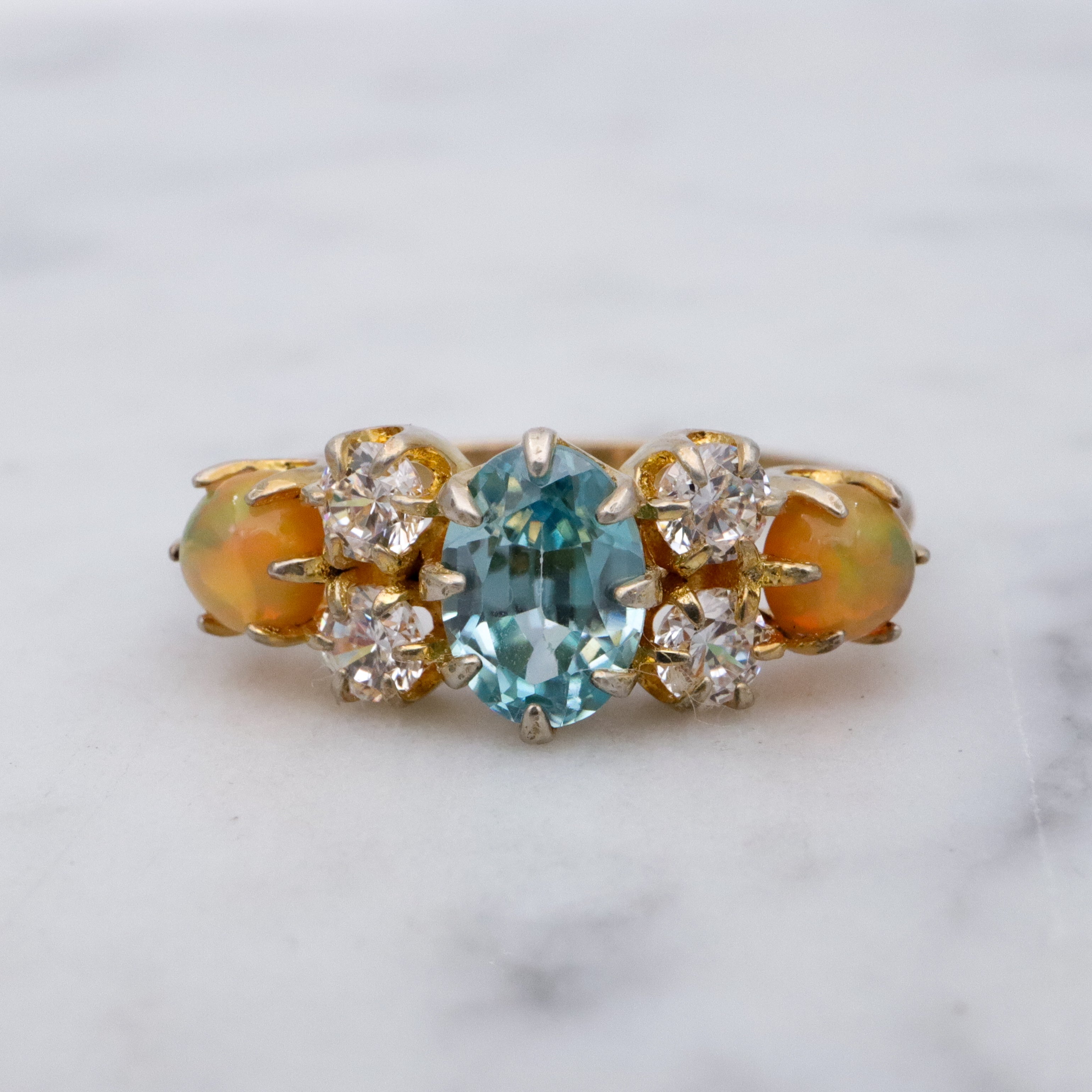 Stauer gold plated sterling blue topaz, fire opal, & cz cocktail ring, sz 6