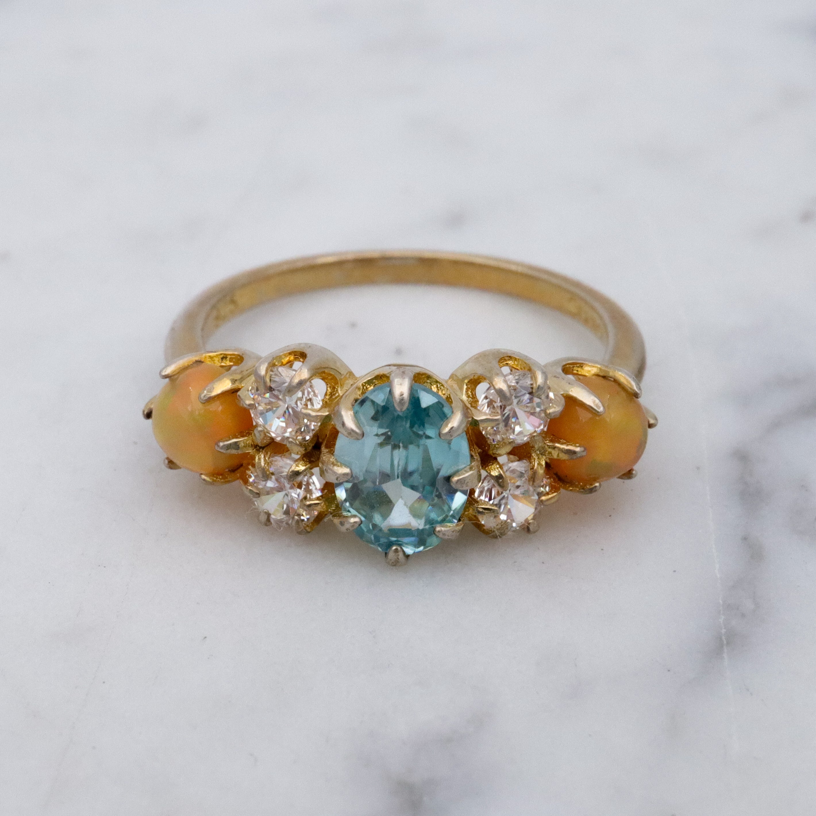 Stauer gold plated sterling blue topaz, fire opal, & cz cocktail ring, sz 6