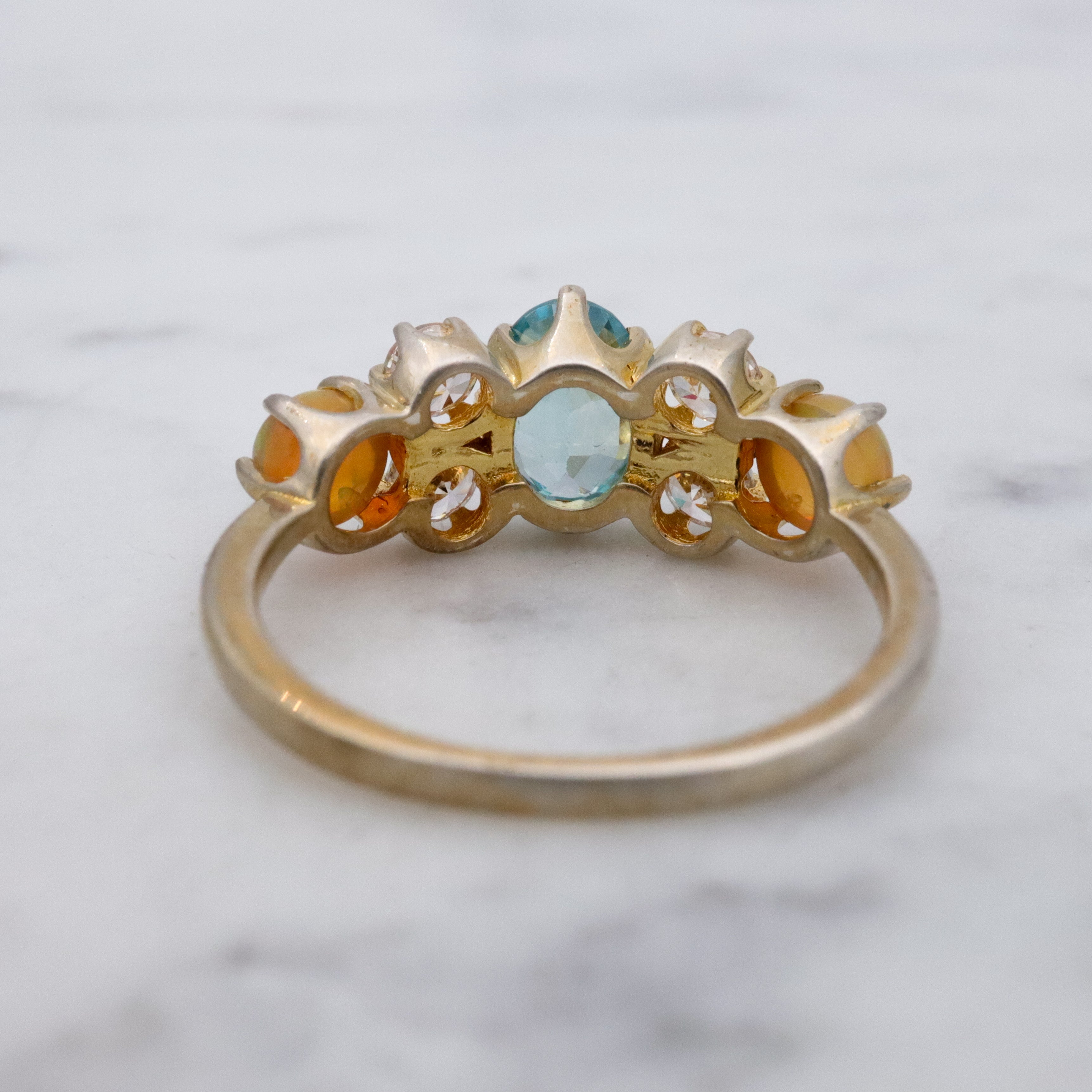 Stauer gold plated sterling blue topaz, fire opal, & cz cocktail ring, sz 6