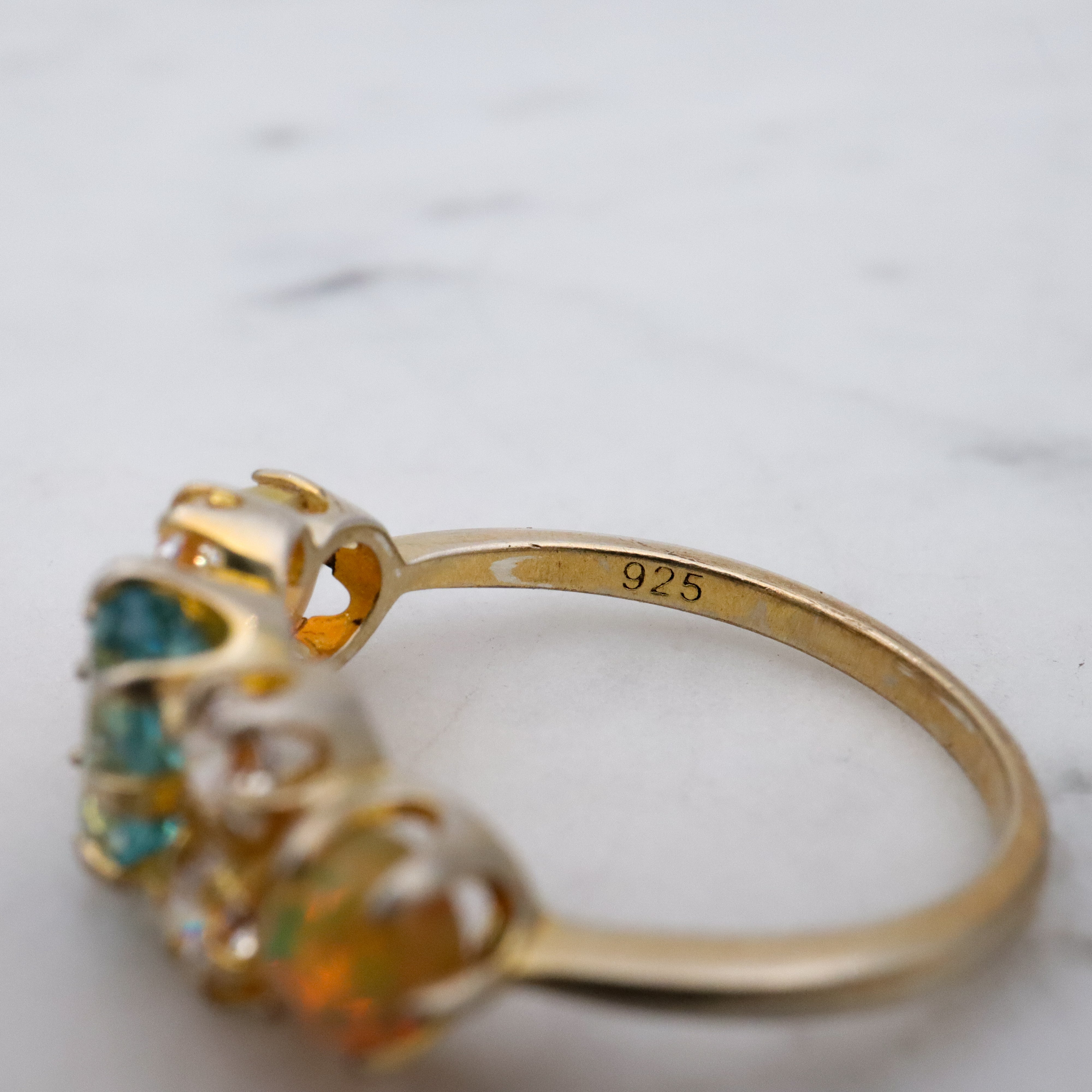 Stauer gold plated sterling blue topaz, fire opal, & cz cocktail ring, sz 6