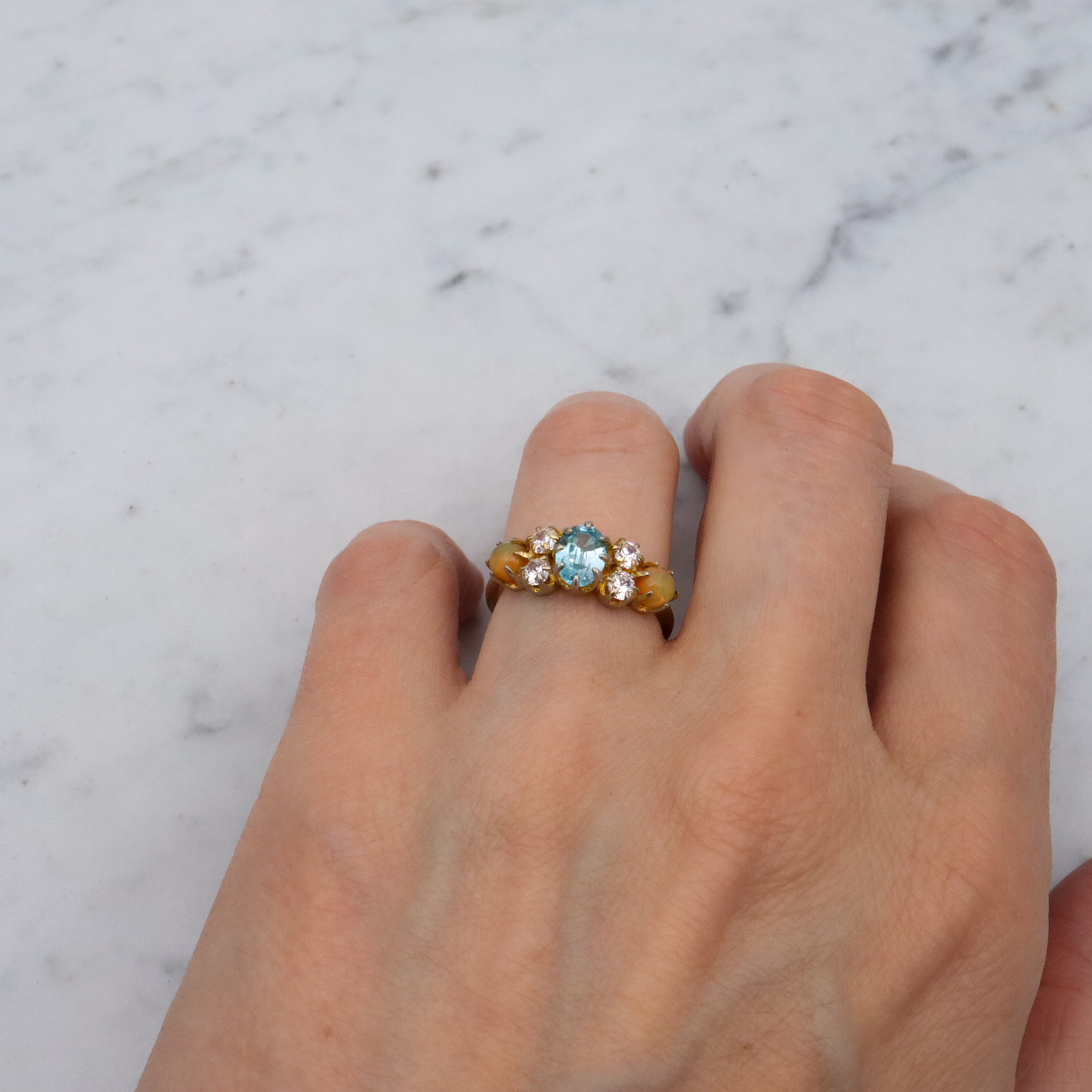 Stauer gold plated sterling blue topaz, fire opal, & cz cocktail ring, sz 6