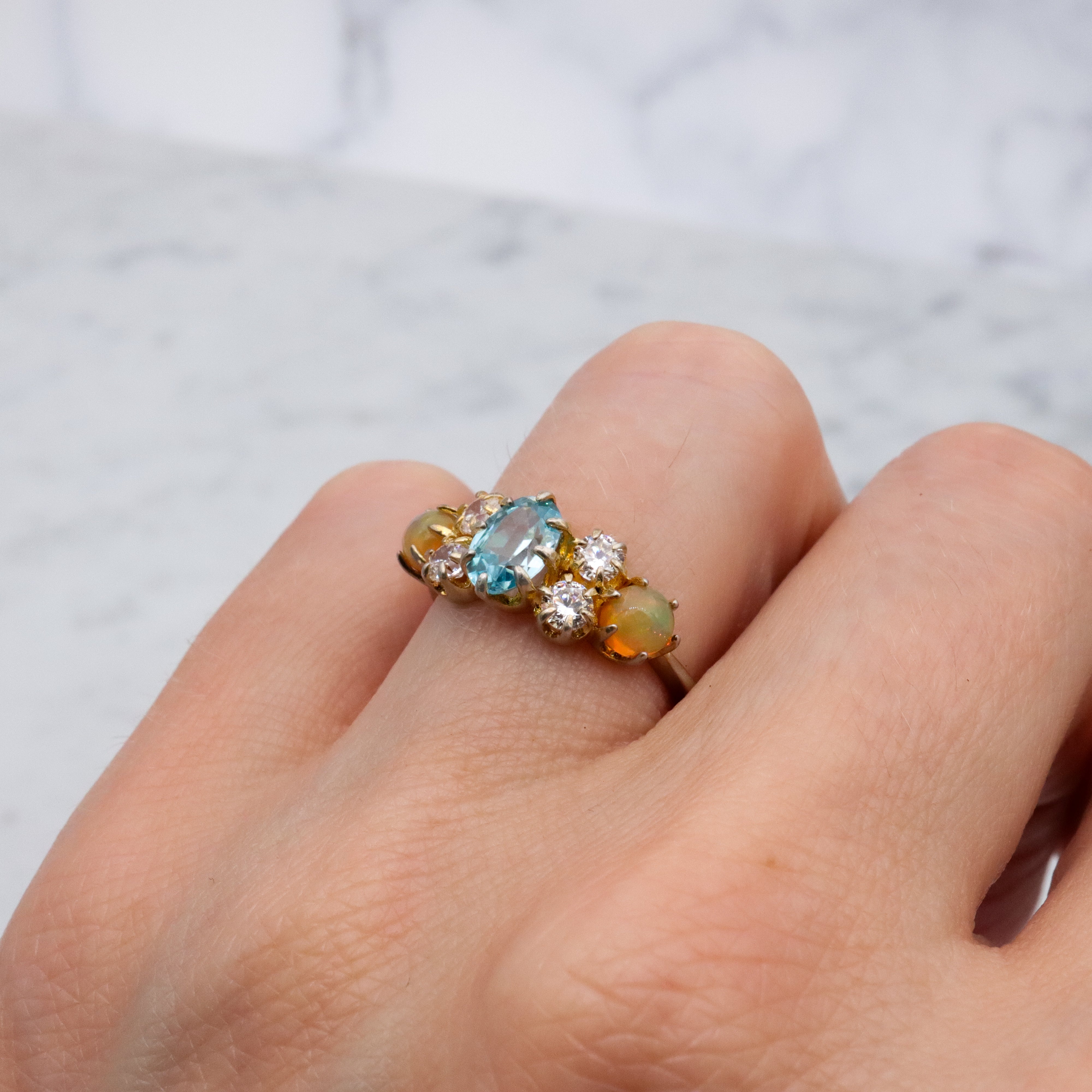 Stauer gold plated sterling blue topaz, fire opal, & cz cocktail ring, sz 6