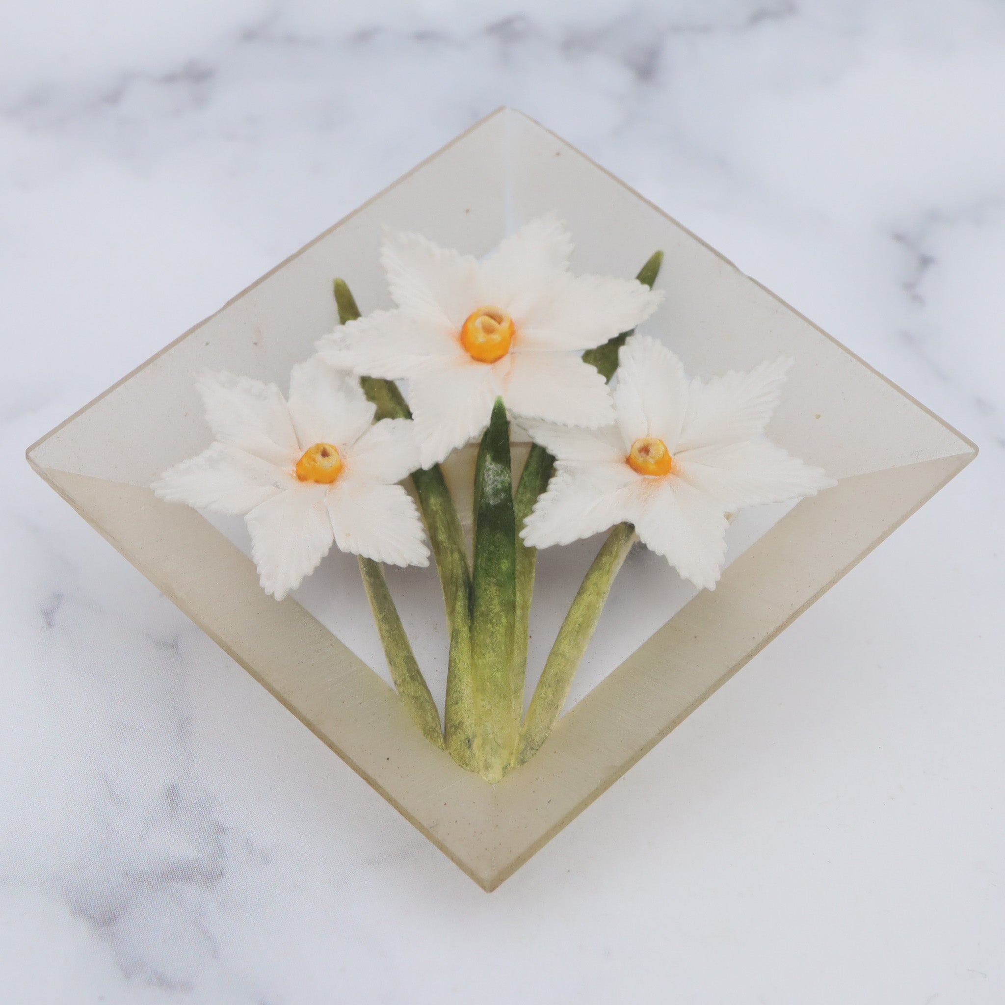 Vintage mid-century handmade paper daffodils encased in resin brooch