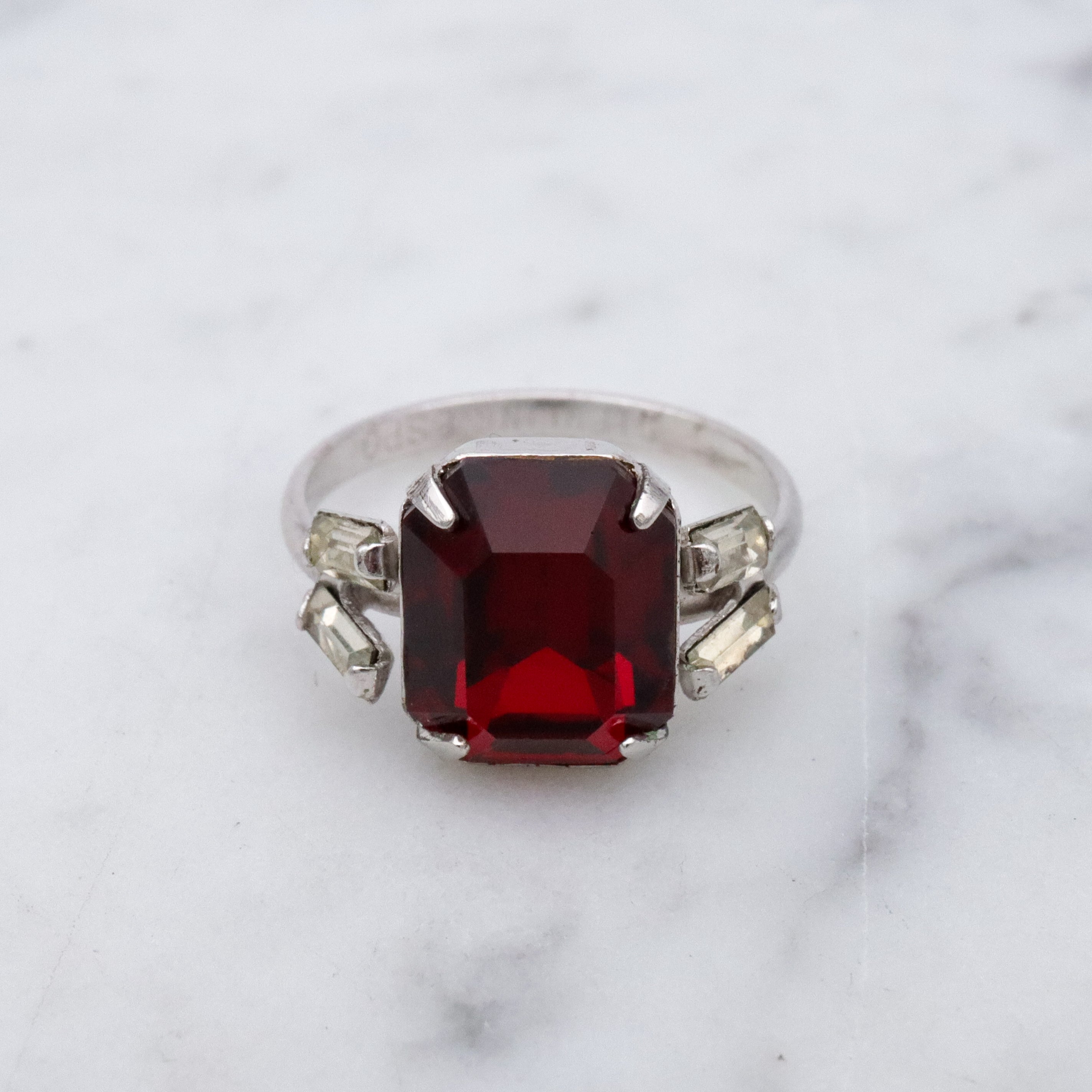 Vintage Espo ruby glass sterling cocktail ring, size 3.5