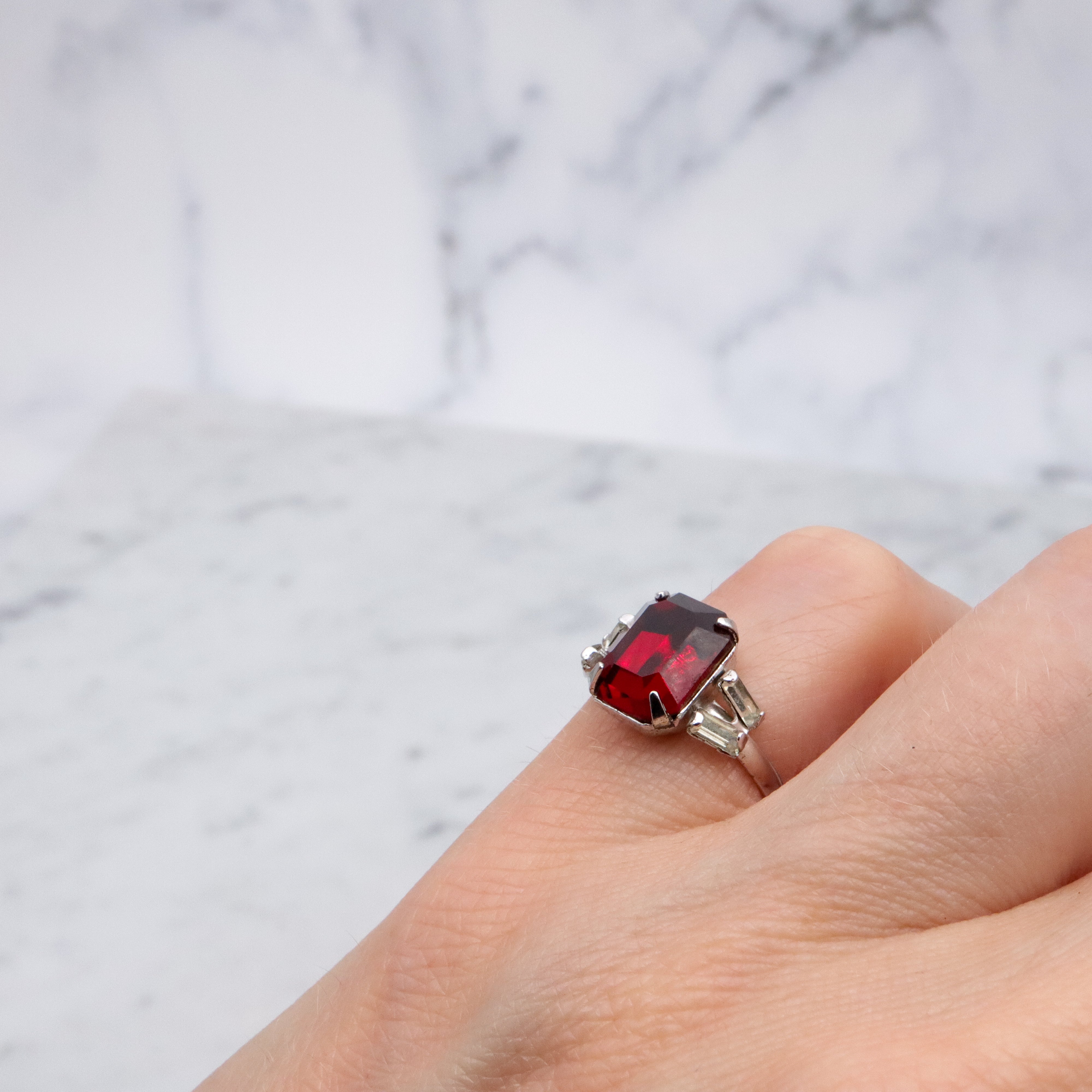 Vintage Espo ruby glass sterling cocktail ring, size 3.5