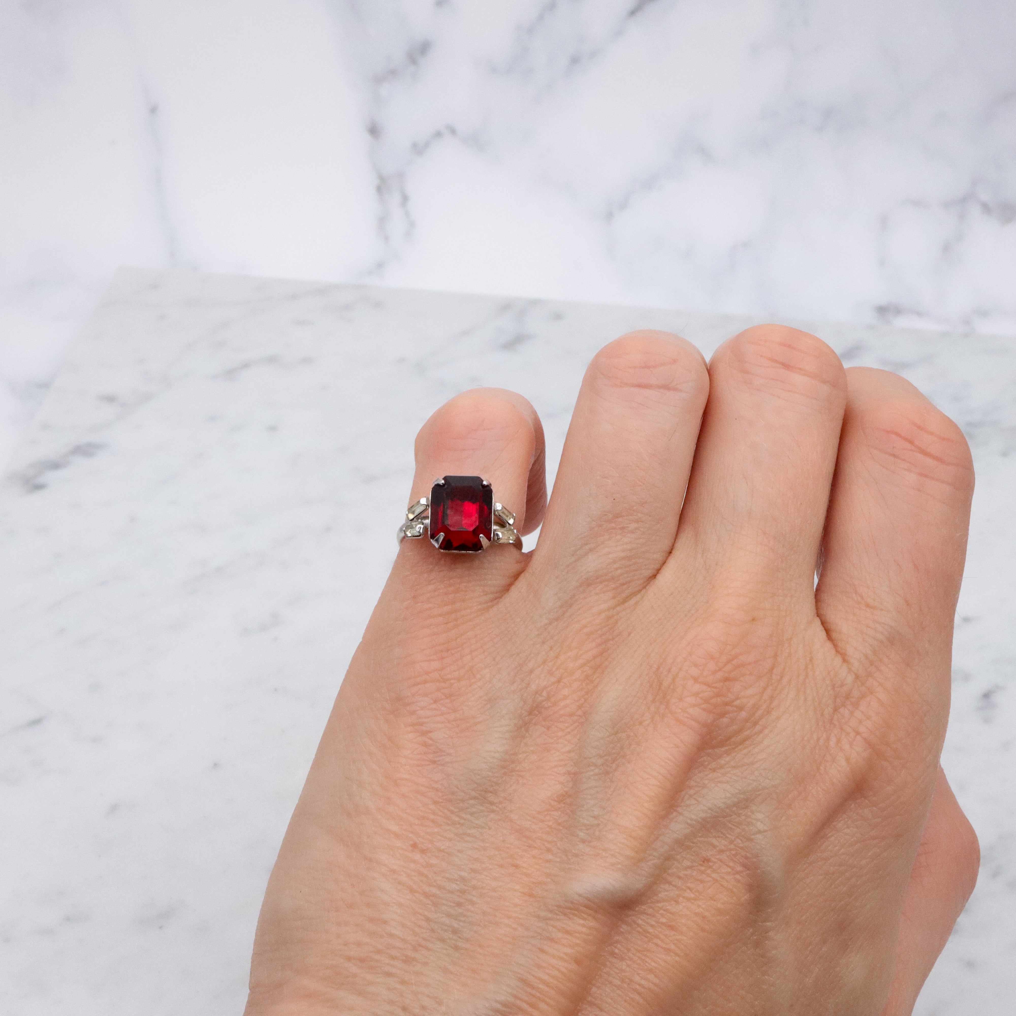 Vintage Espo ruby glass sterling cocktail ring, size 3.5