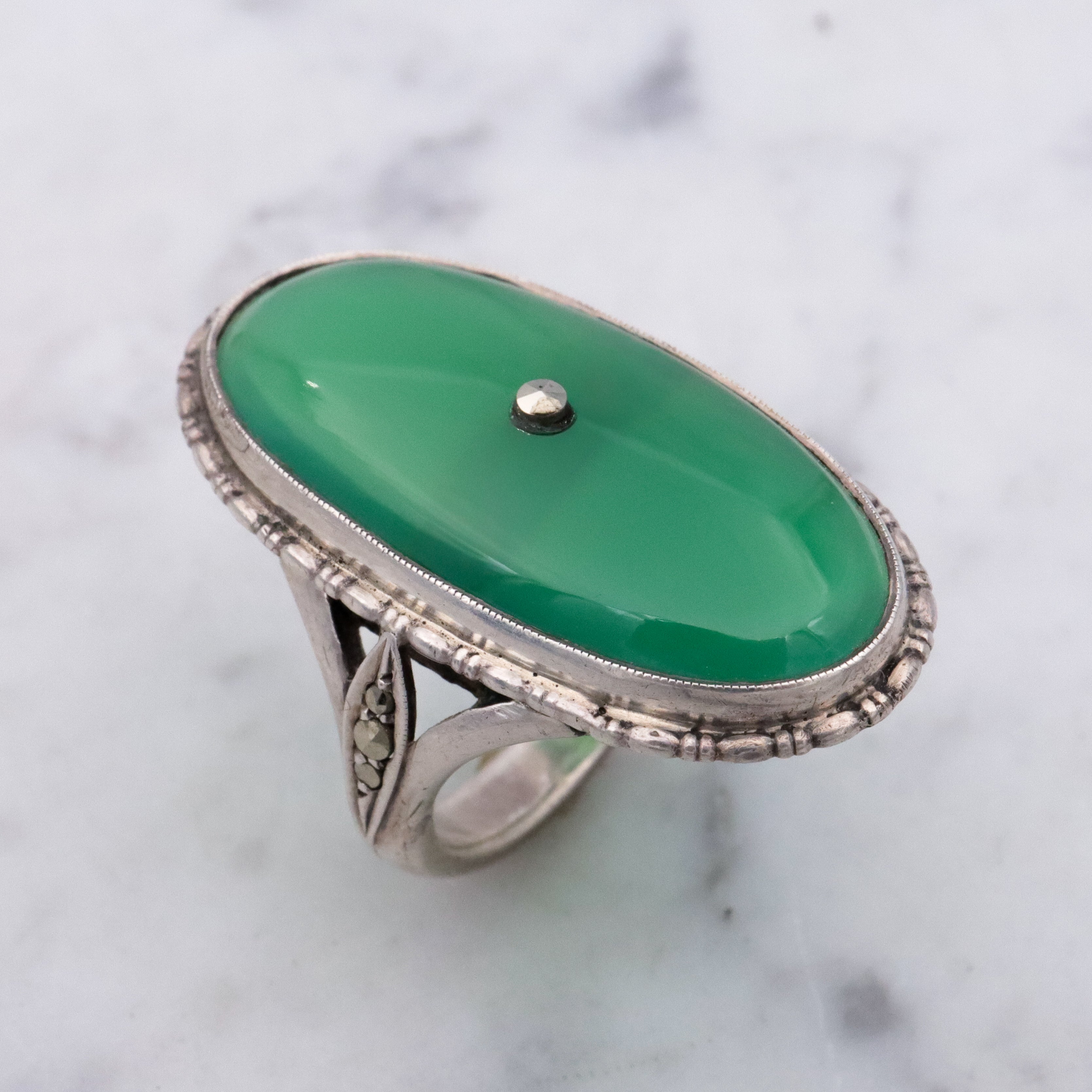 Antique German Art Deco chrysoprase & marcasite 935 silver navette ring, sz 7