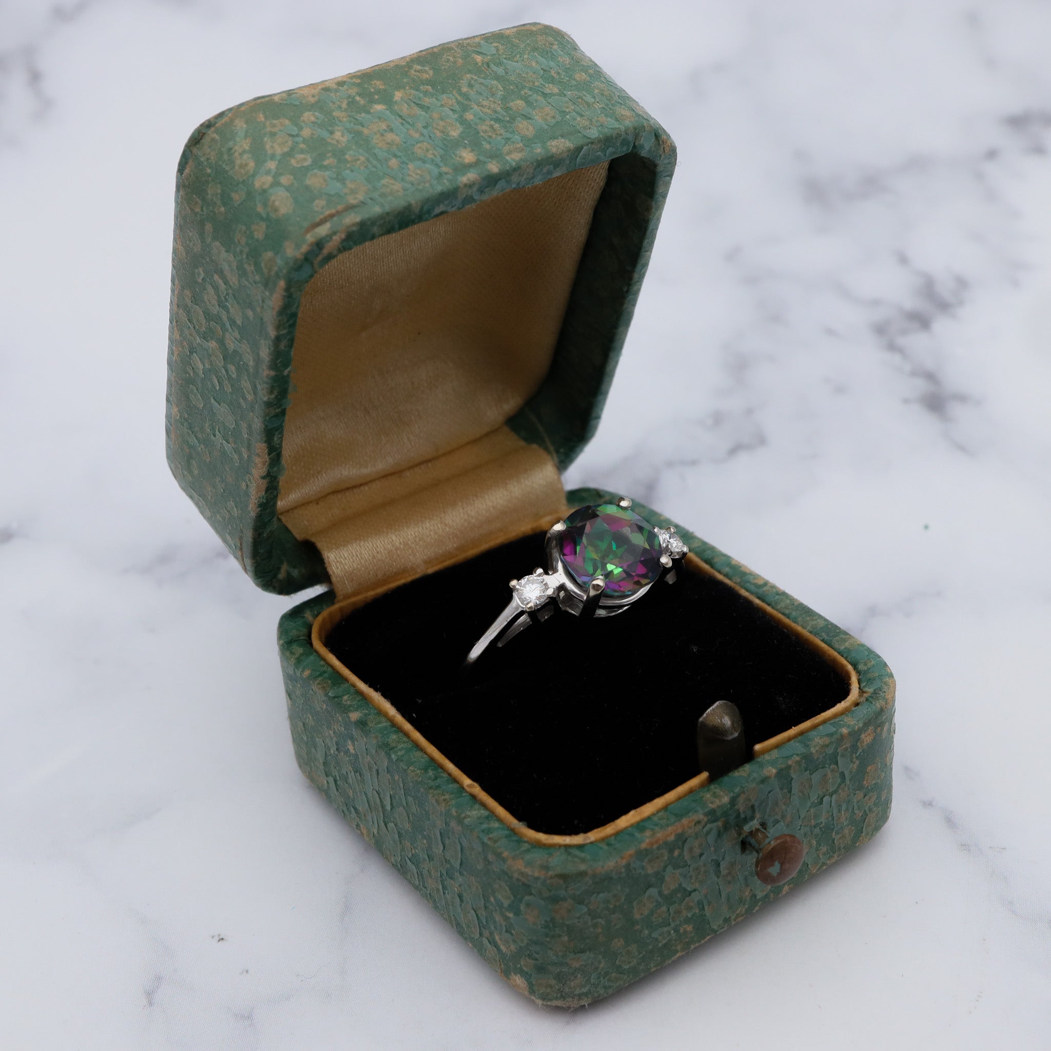 Vintage 14k white gold, mystic topaz & diamond ring, sz 7.75