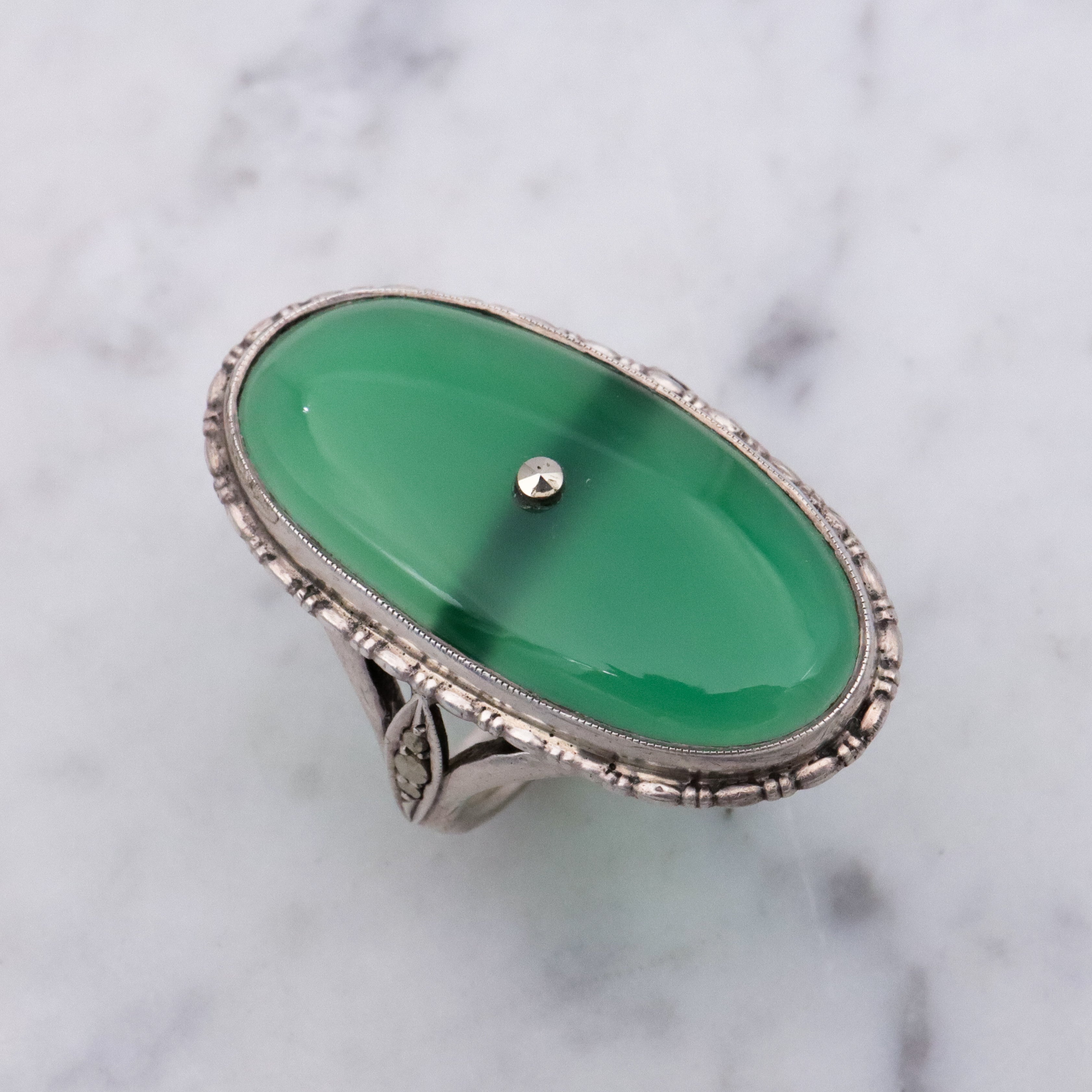 Antique German Art Deco chrysoprase & marcasite 935 silver navette ring, sz 7