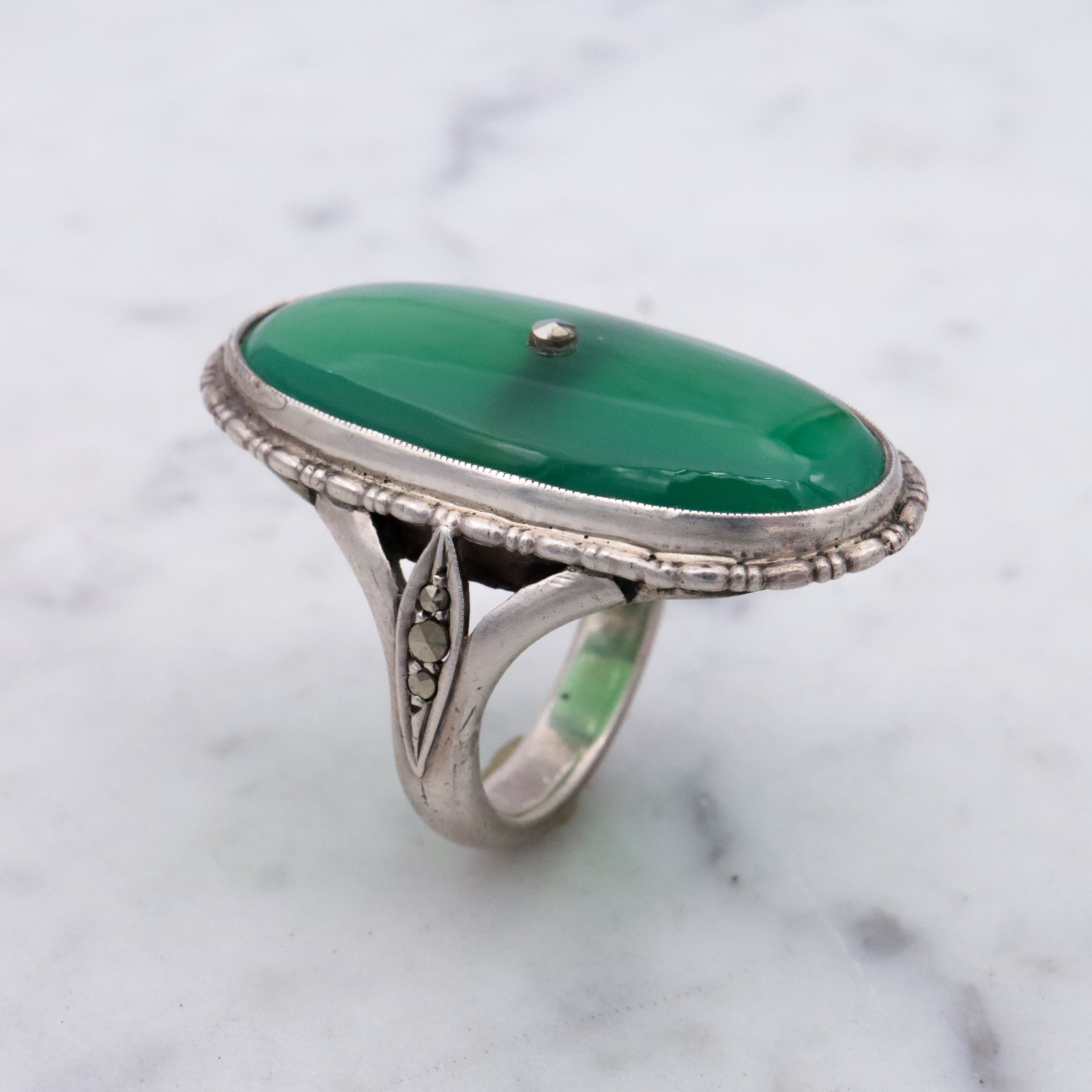 Antique German Art Deco chrysoprase & marcasite 935 silver navette ring, sz 7