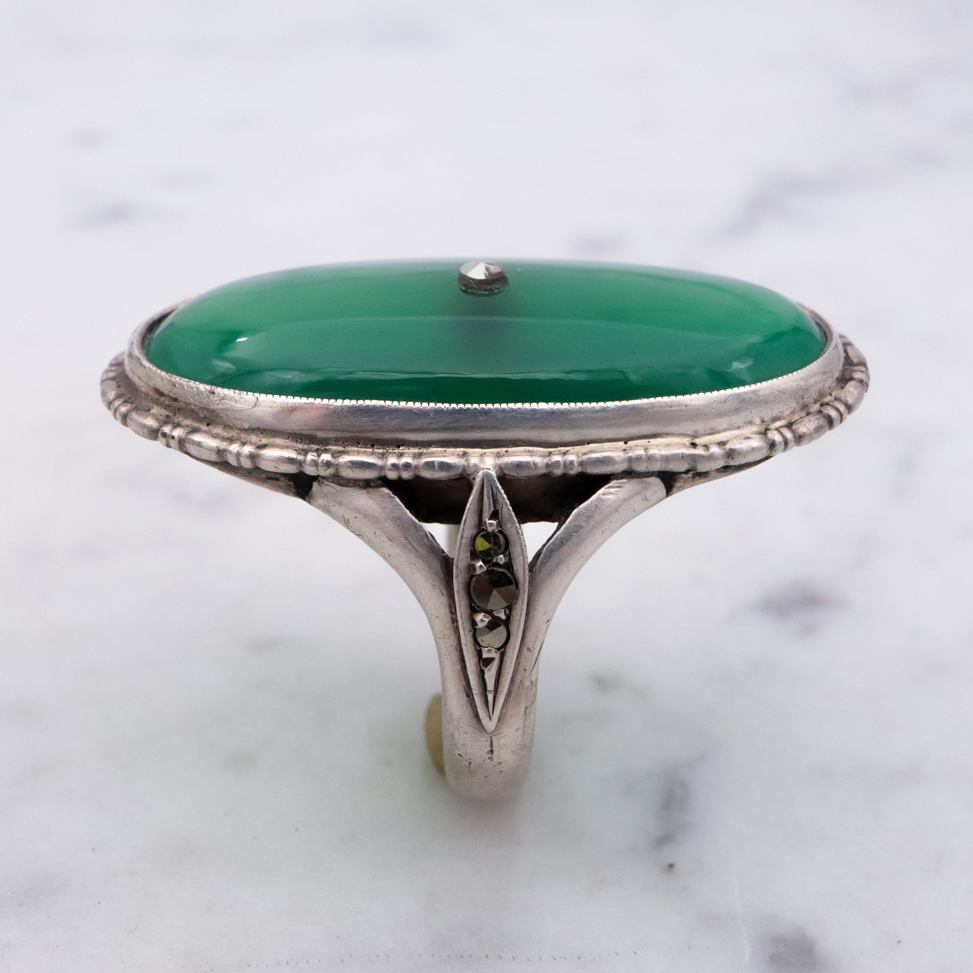 Antique German Art Deco chrysoprase & marcasite 935 silver navette ring, sz 7