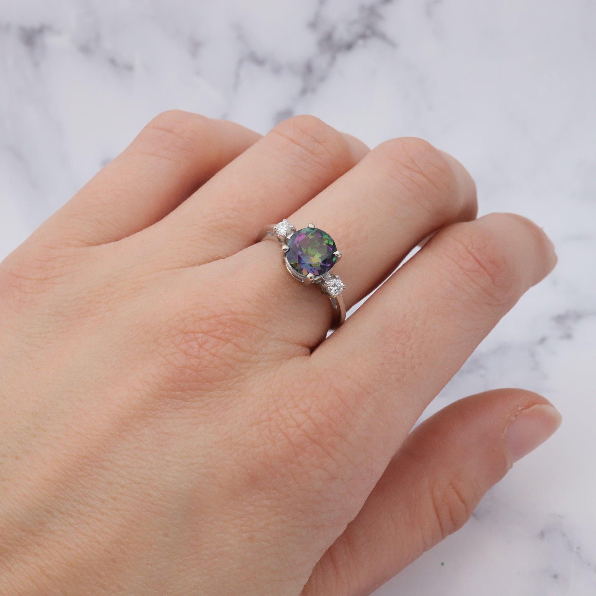 Vintage 14k white gold, mystic topaz & diamond ring, sz 7.75