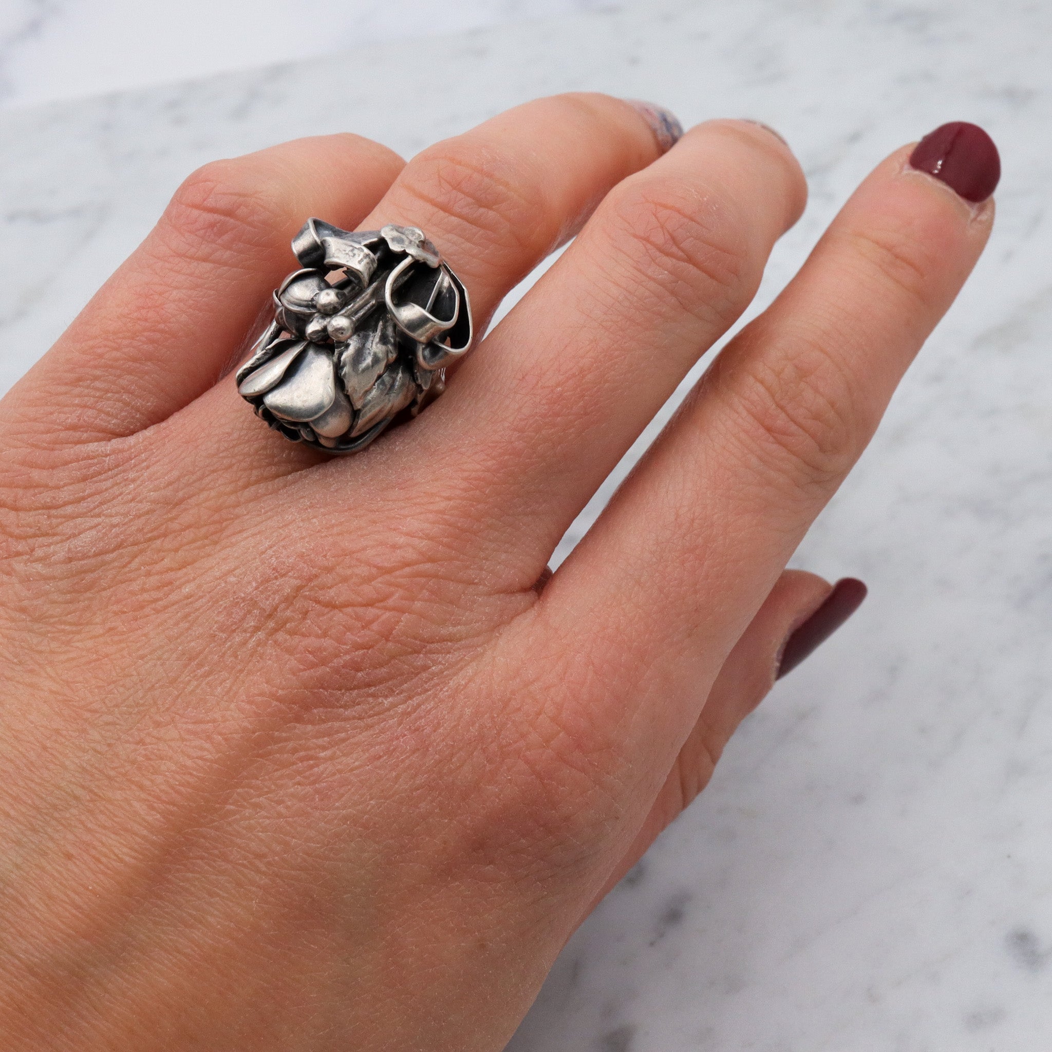 Vintage Mid Century handmade floral sterling silver ring, sz 6