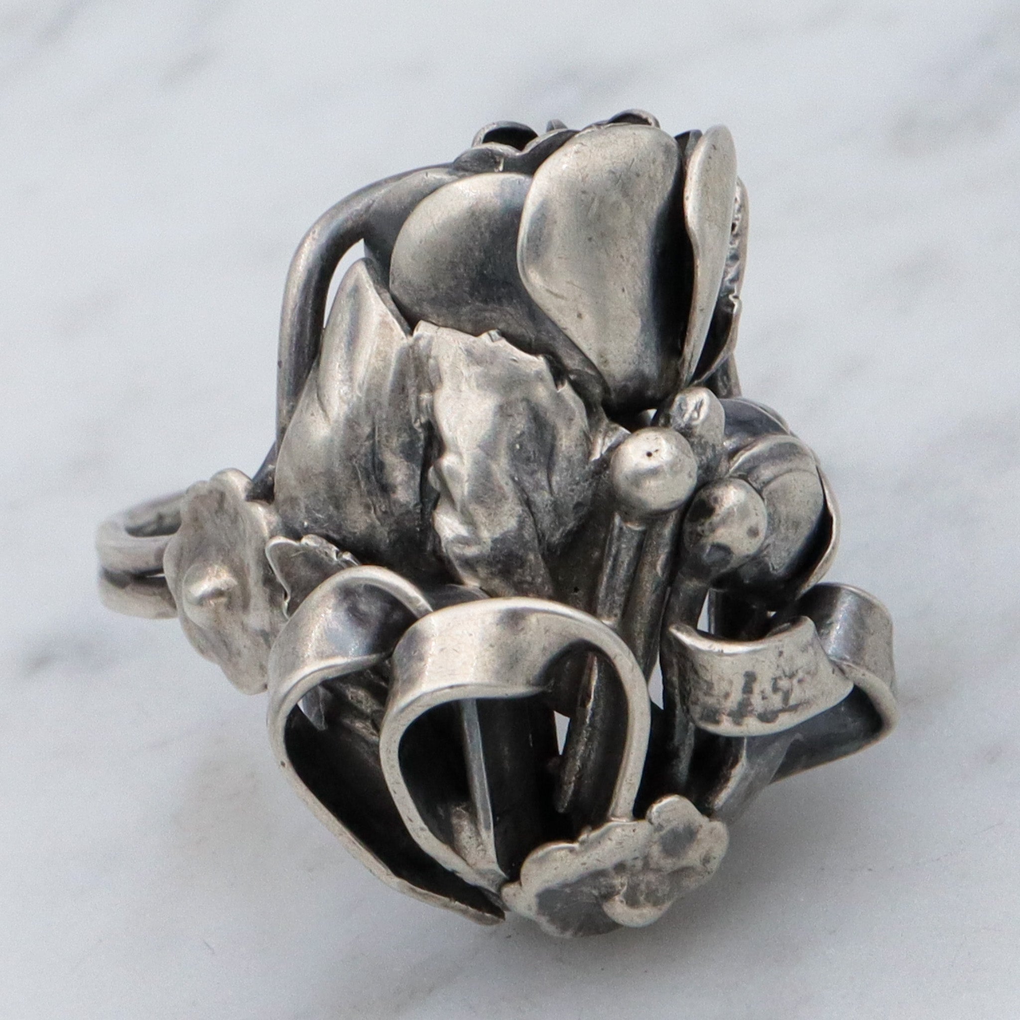 Vintage Mid Century handmade floral sterling silver ring, sz 6