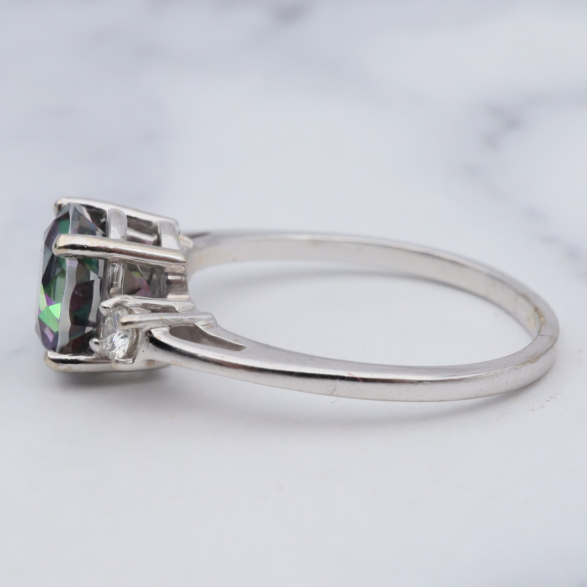 Vintage 14k white gold, mystic topaz & diamond ring, sz 7.75
