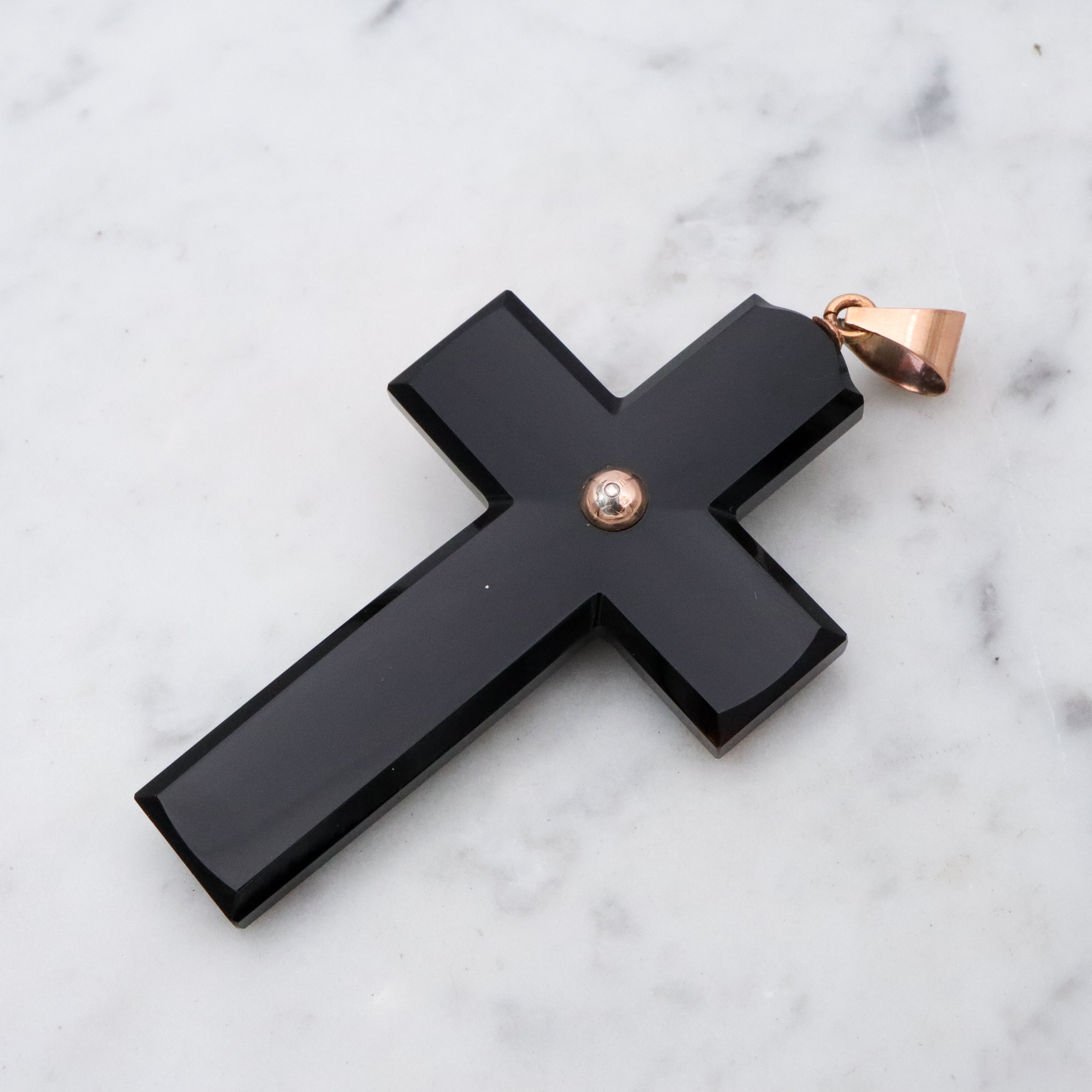 Antique Victorian 14k gold & silver carved black agate cross mourning pendant