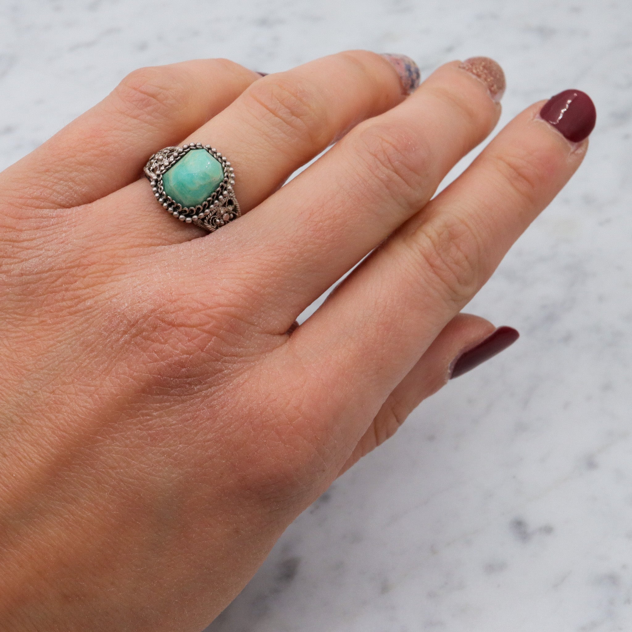 Antique Chinese export silver filigree wirework & amazonite ring, sz 5.75