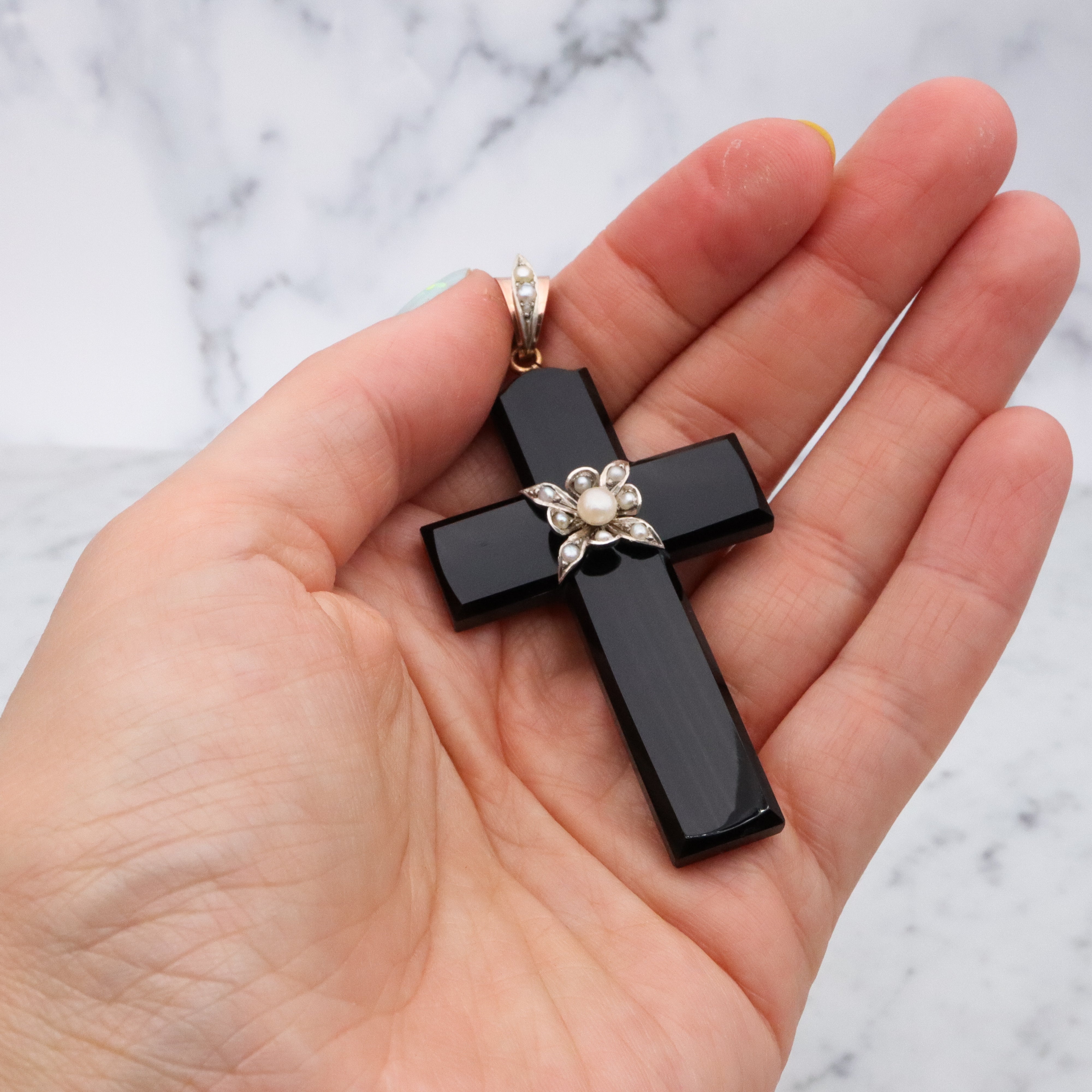 Antique Victorian 14k gold & silver carved black agate cross mourning pendant
