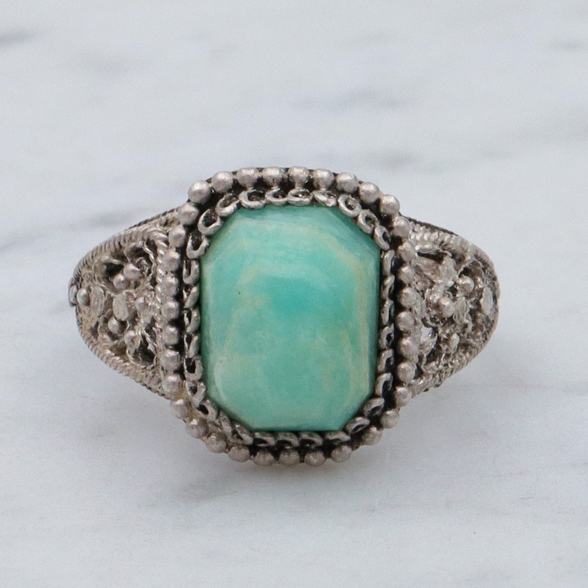 Antique Chinese export silver filigree wirework & amazonite ring, sz 5.75