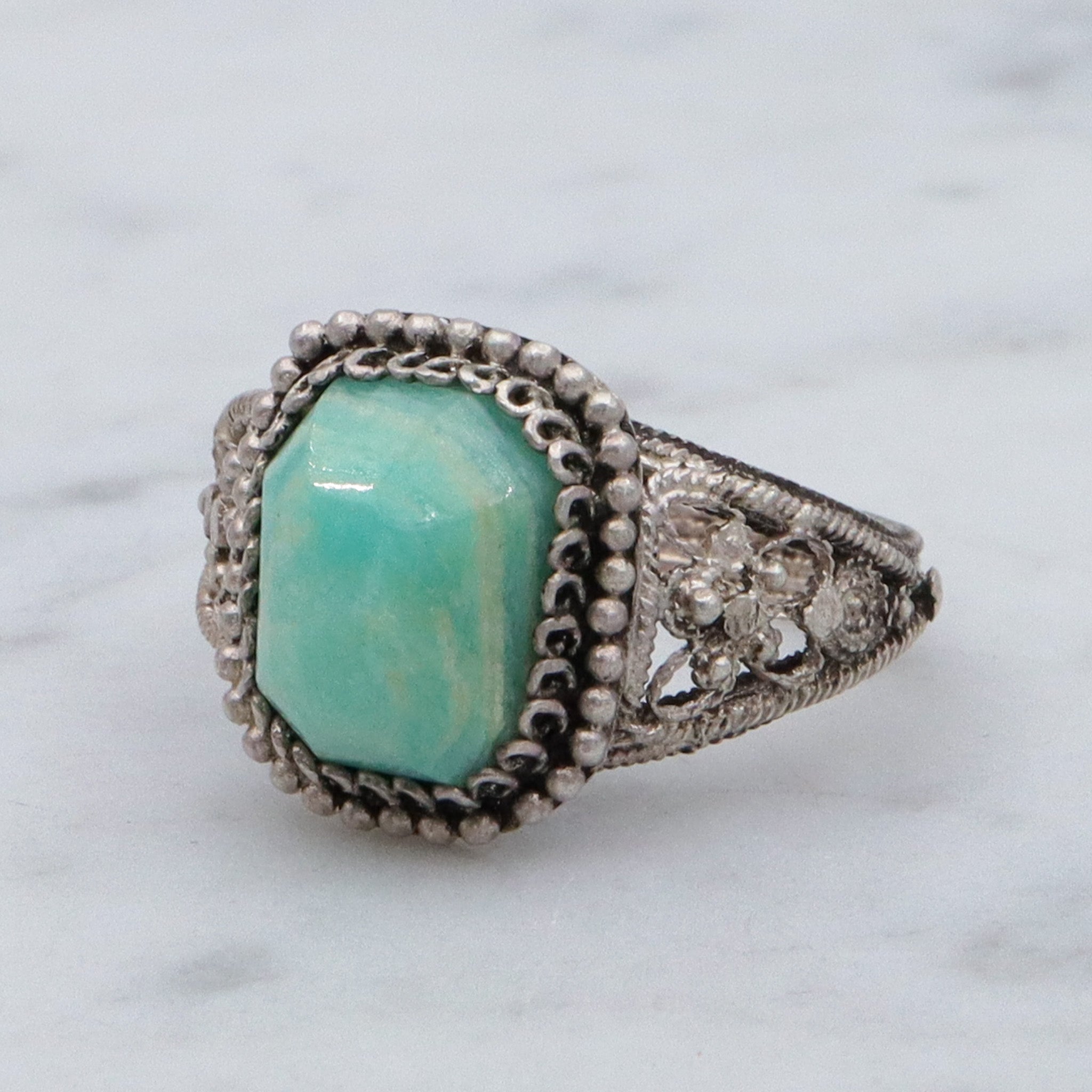 Antique Chinese export silver filigree wirework & amazonite ring, sz 5.75