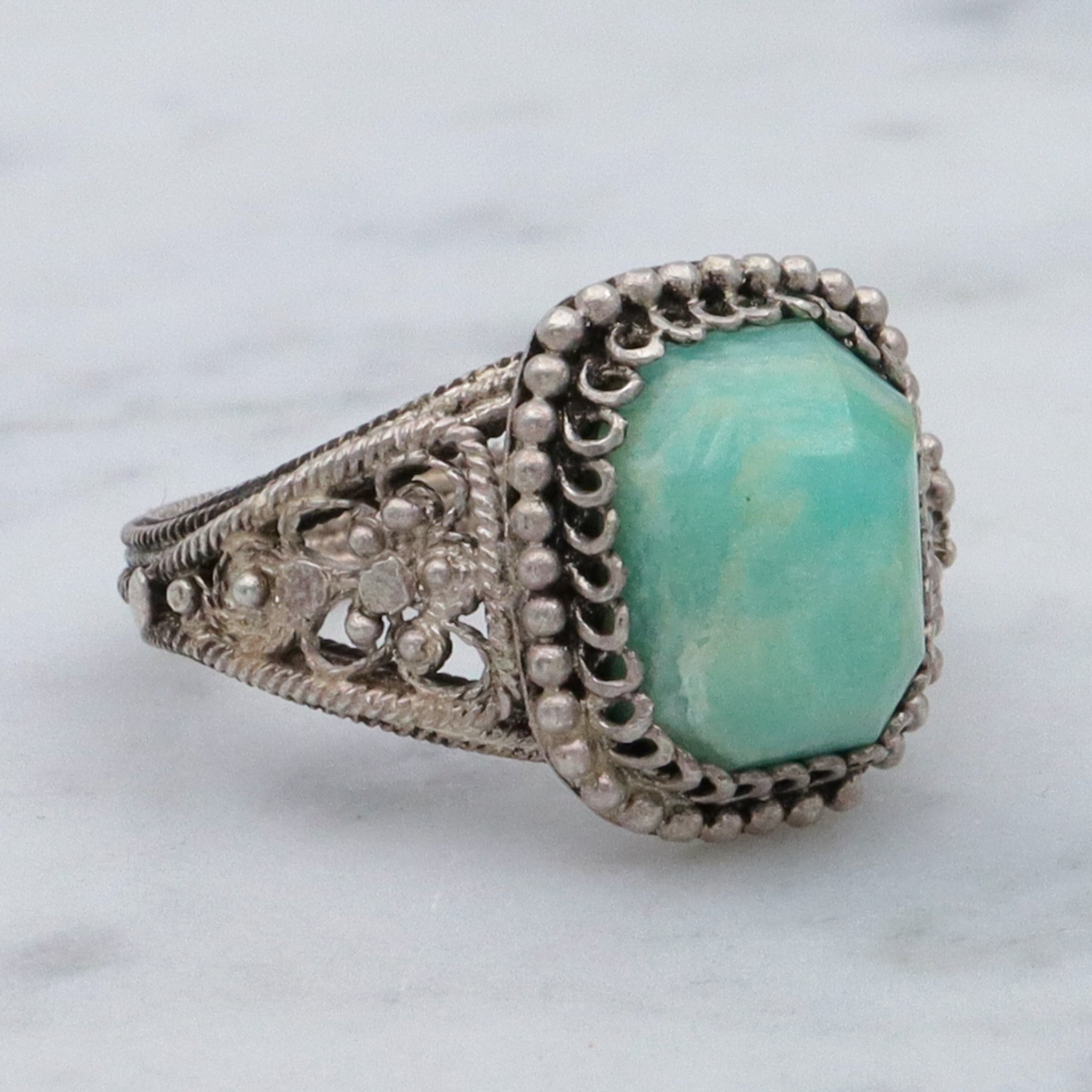 Antique Chinese export silver filigree wirework & amazonite ring, sz 5.75