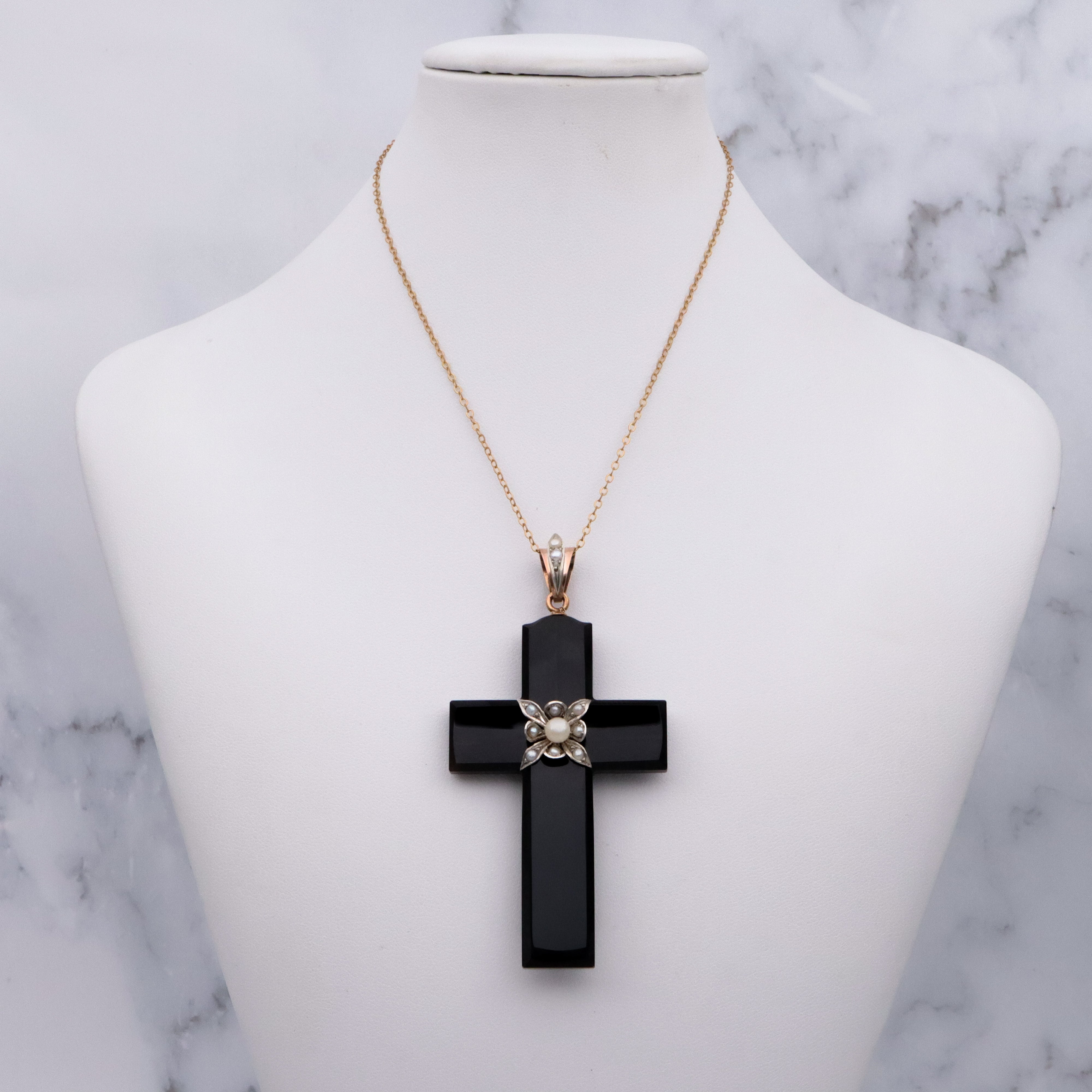 Antique Victorian 14k gold & silver carved black agate cross mourning pendant