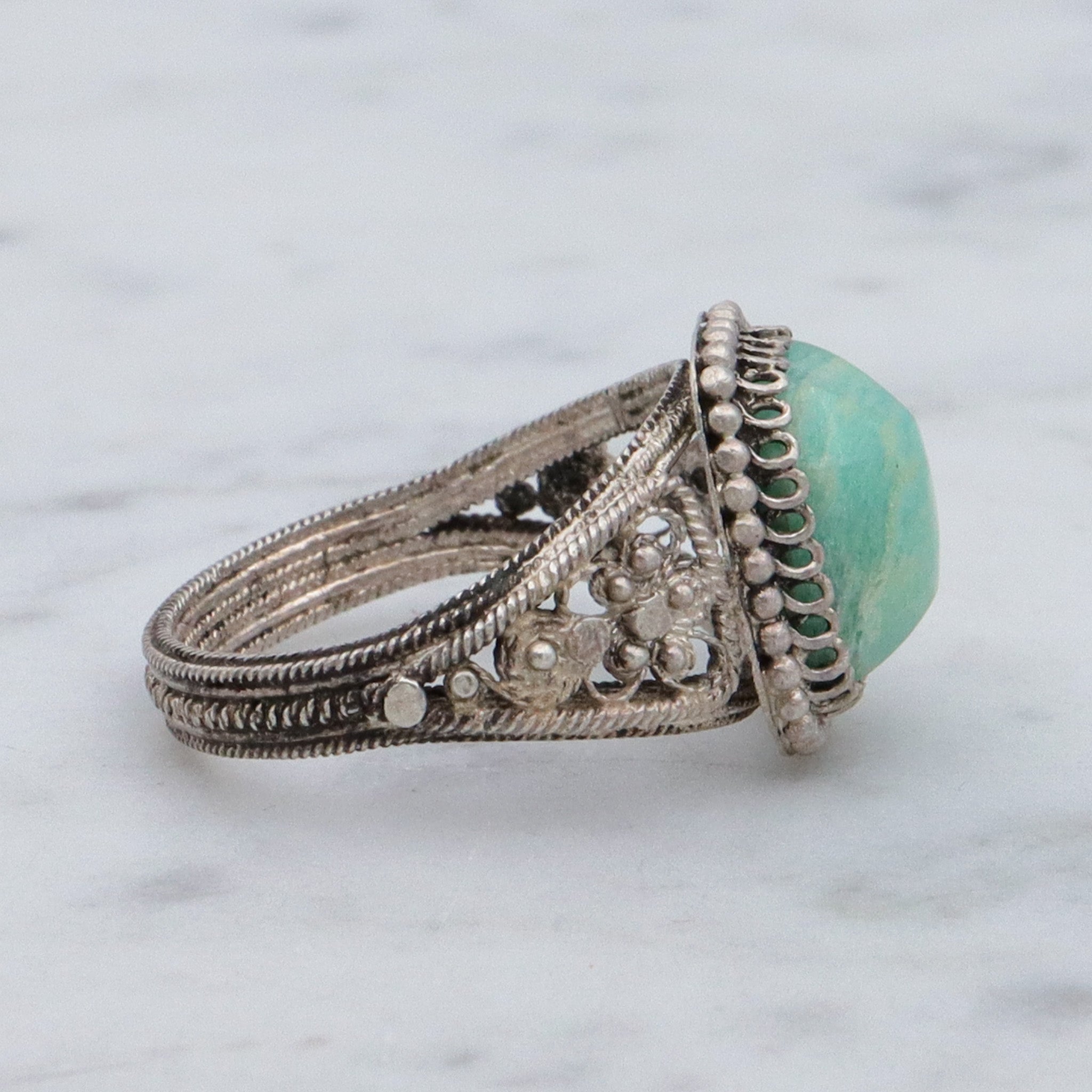 Antique Chinese export silver filigree wirework & amazonite ring, sz 5.75