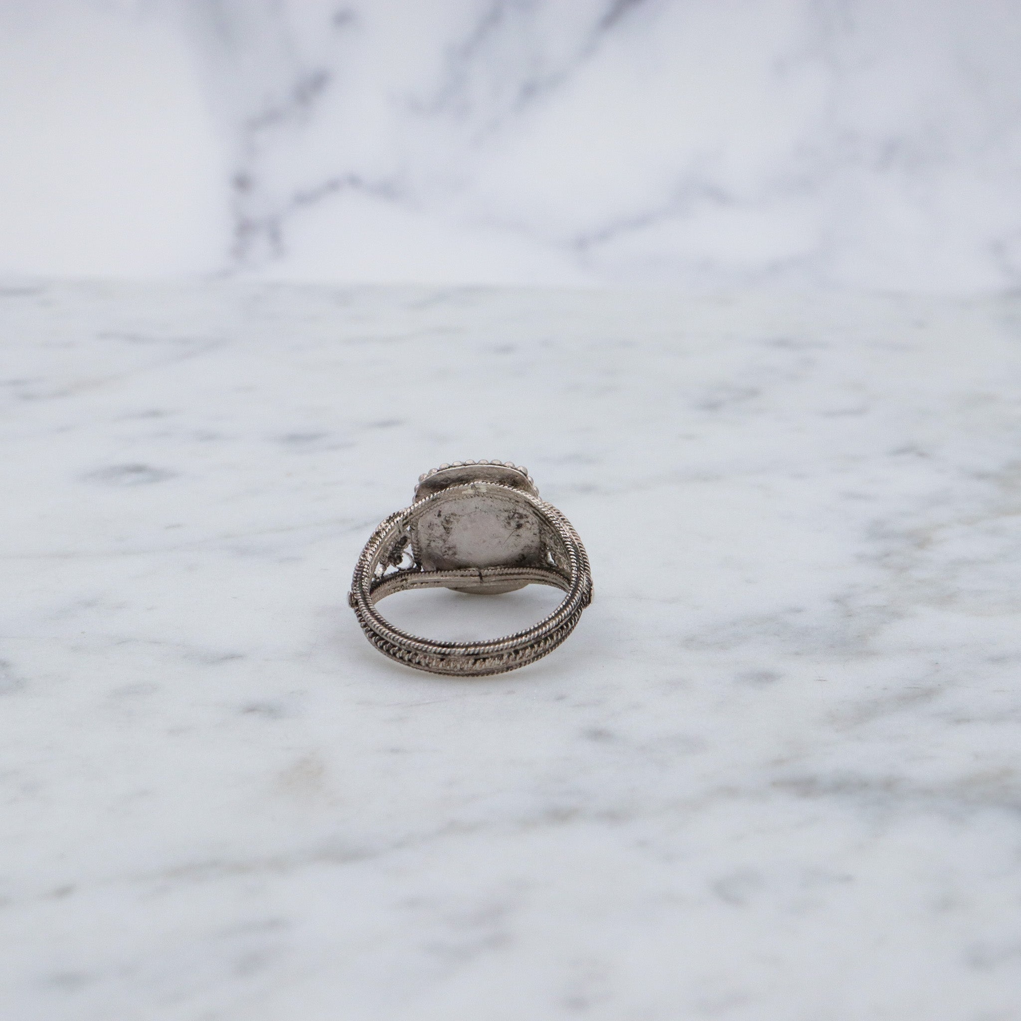 Antique Chinese export silver filigree wirework & amazonite ring, sz 5.75