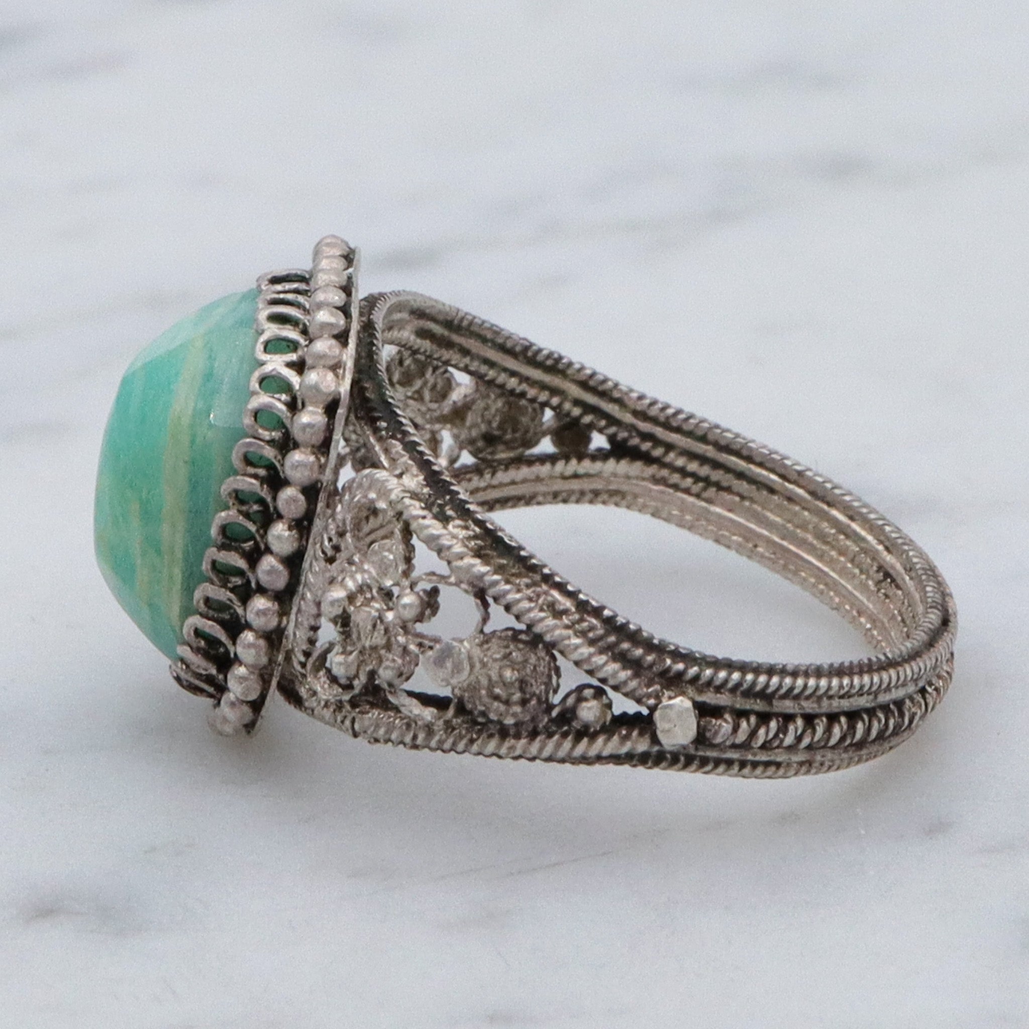 Antique Chinese export silver filigree wirework & amazonite ring, sz 5.75