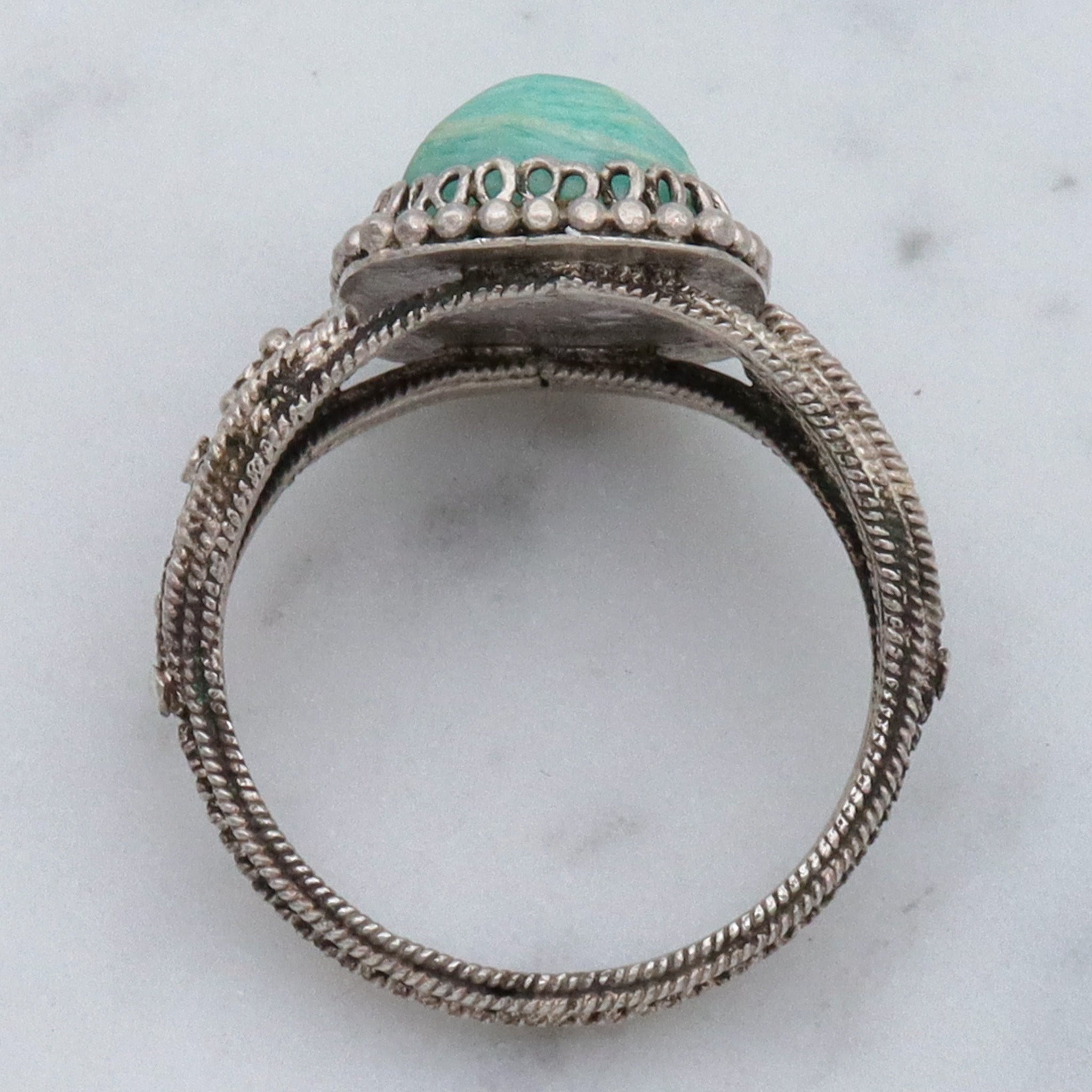Antique Chinese export silver filigree wirework & amazonite ring, sz 5.75