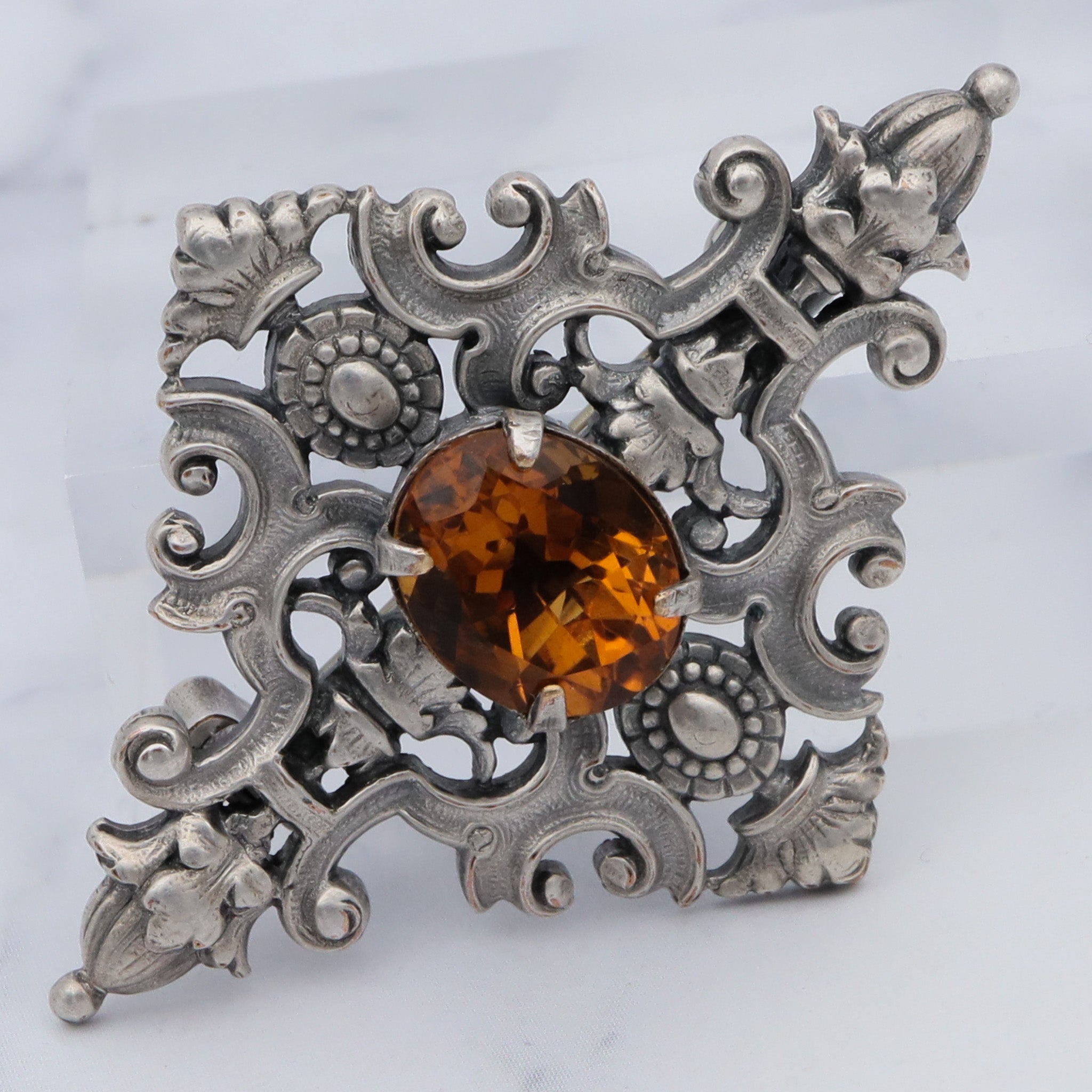 Vintage Renaissance revival style silver plated citrine brooch
